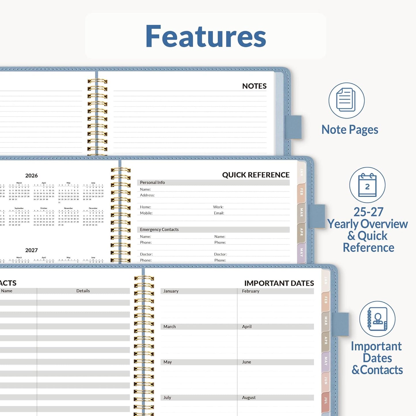 SUNEE 2026 Weekly & Monthly Planner 6.4"x8.5"- 12 Month (January 2026 - December 2026), Vegan Leather Cover, Pocket, Bookmark, Notes, Monthly Tab, Gray Blue