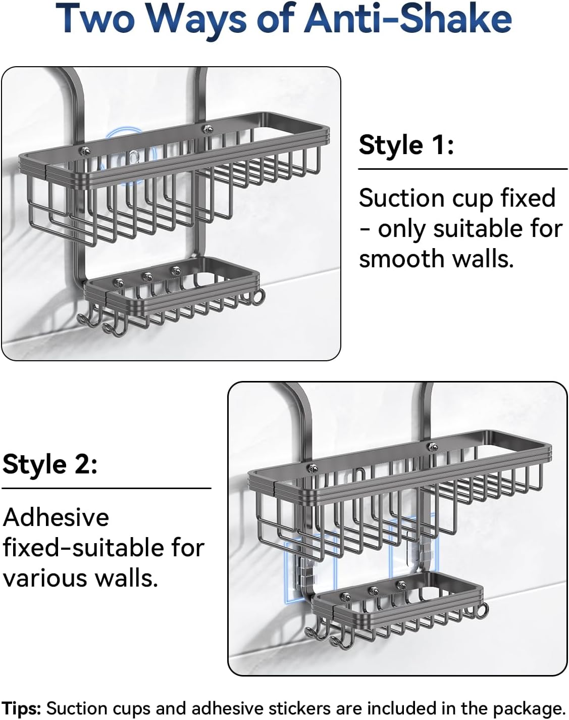 YASONIC Shower Caddy Hanging - Never Rust Organizer - Aluminum over The head caddy with 10 Hooks for Razor/Sponge - Shower Rack with Soap Basket - Grey