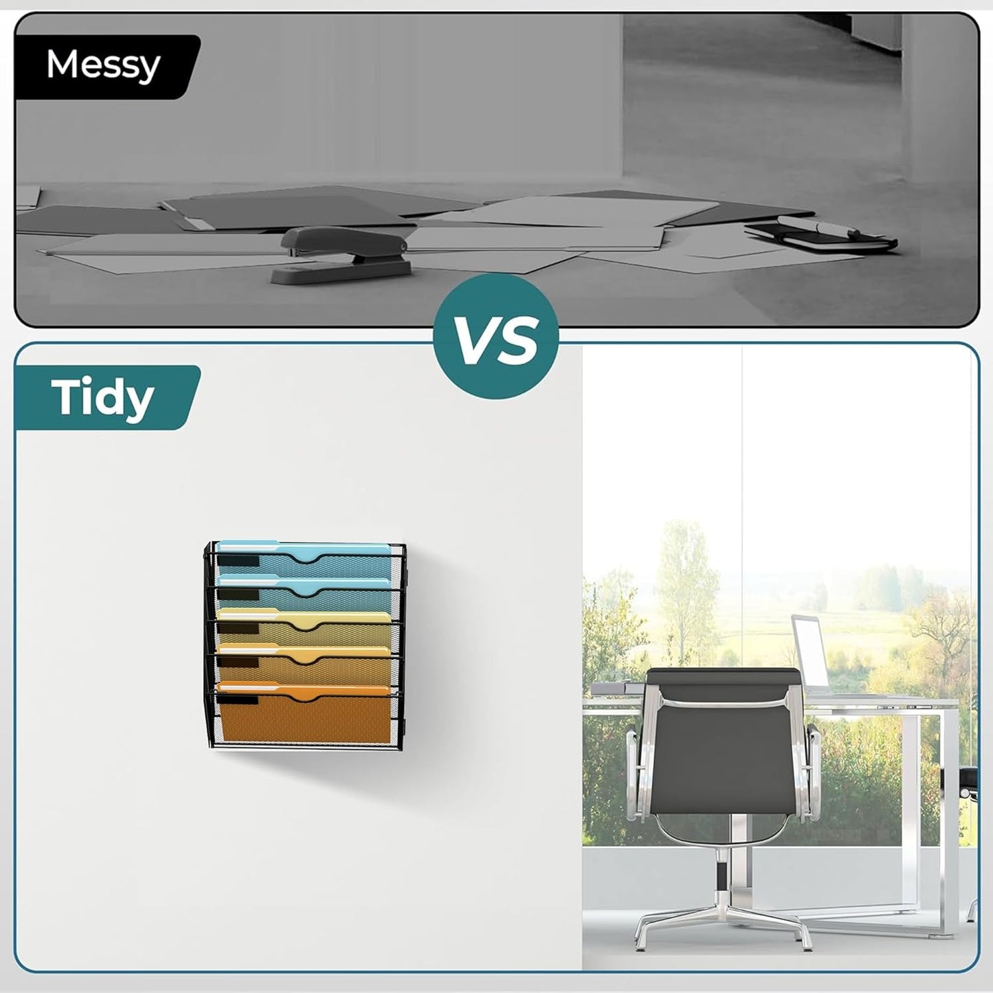 SUPEASY 5-Tier Wall File Organizer Mesh Office Mail Holder, Hanging Wall Organizer Magazine Rack for Office Black