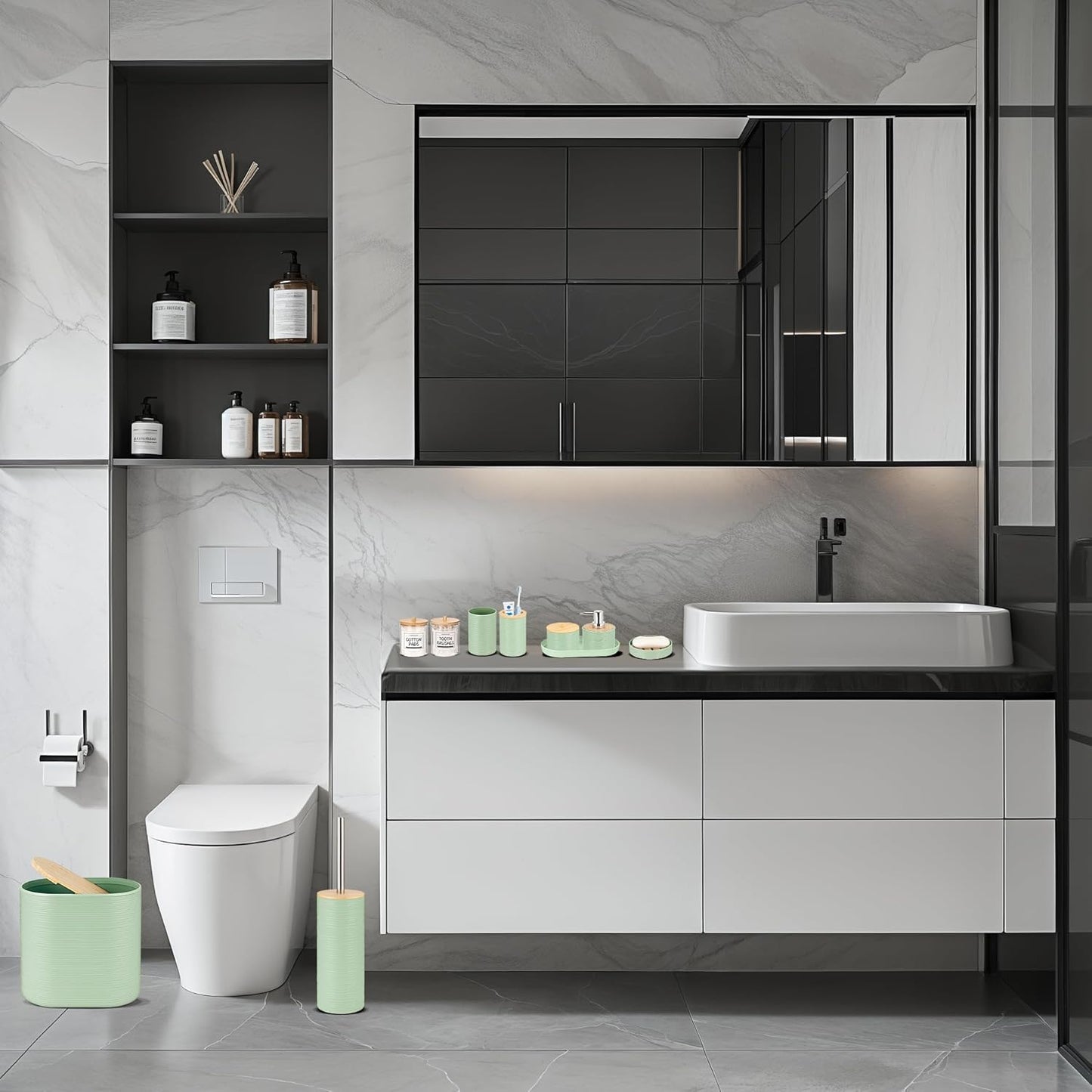 IMAVO Bathroom Accessory Set-11Pcs Green Bathroom Accessories Set with Trash Can,Soap Dispenser,Soap Dish,Toothbrush Holder,Toothbrush Cup,Toilet Brush Holder,Qtip Holder Dispenser with Labels