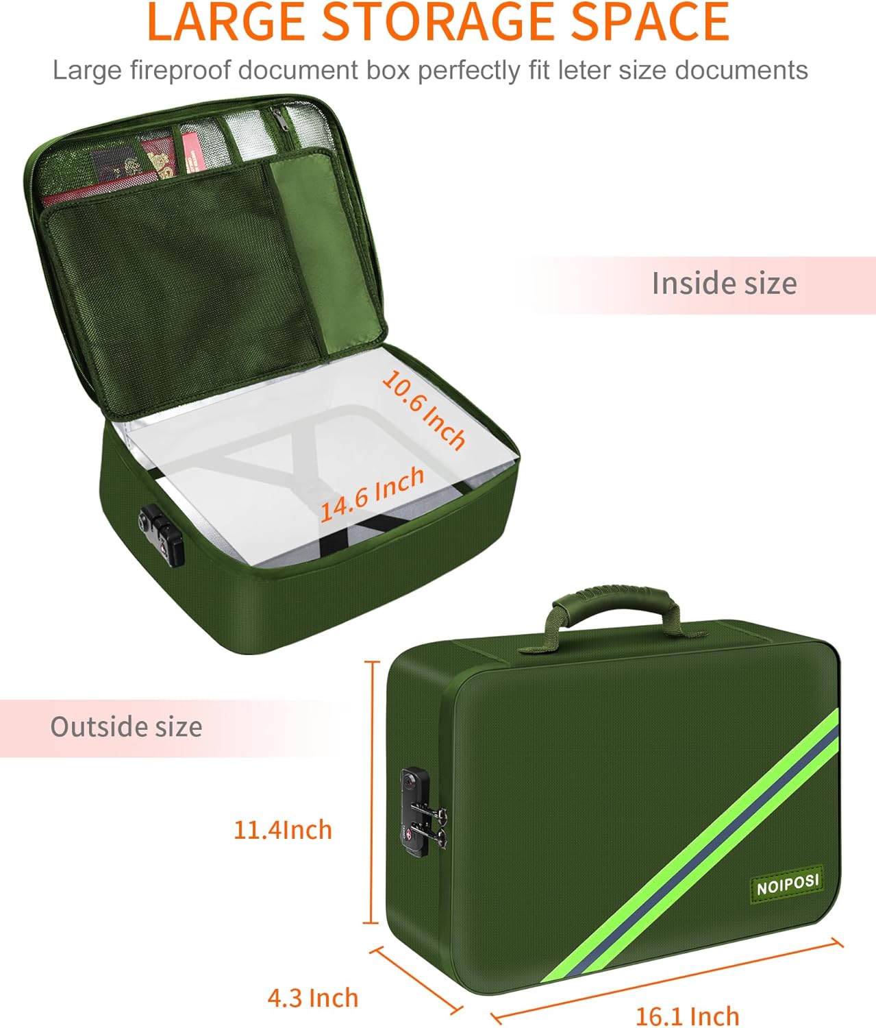 Noiposi Document Organizer with 5200℉ Heat Insulated,16.1"x11.4"x4.3" Waterproof and Fireproof Document Box,Portable Home Travel Safe Storage Box for Important Documents and File,Green