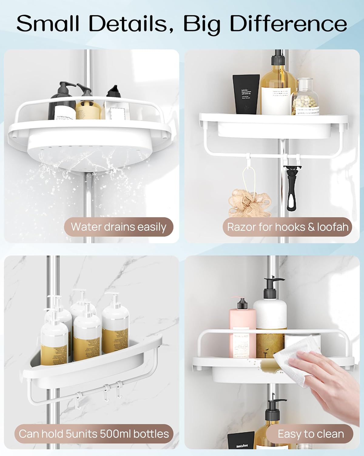 ALLZONE Rustproof Shower Caddy Corner for Bathroom, Tension Corner Shower Caddy Tension Pole, Solid Shower Organizer with 4 Adjustable Shower Shelves, Shower Rack Fit Heights 34 to 116 Inches,White