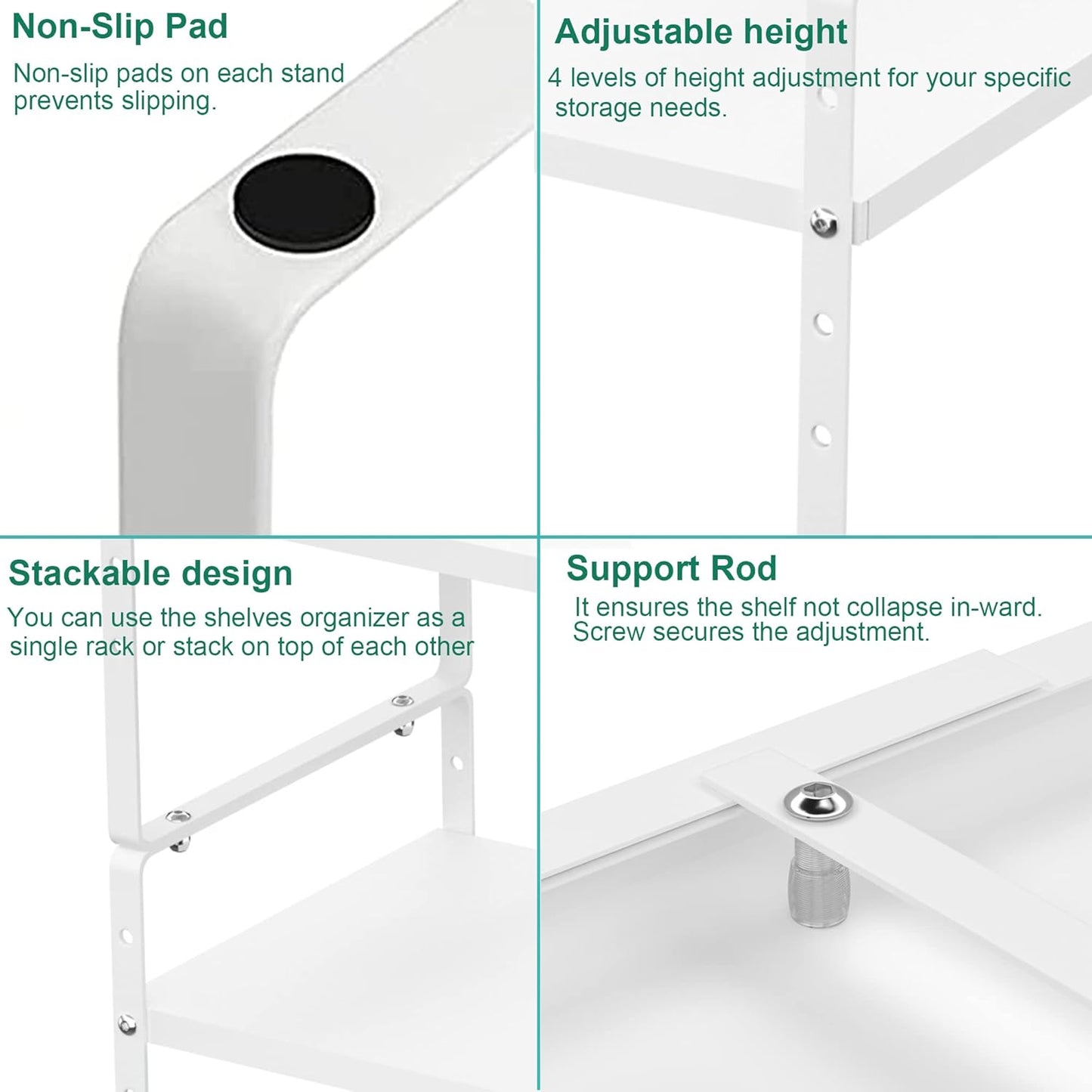 Redrubbit Expandable Cabinet Shelf Organizers, Stackable Kitchen Counter Shelves Spice Rack for Kitchen Bathroom Pantry Cupboard Desk Home Office, Metal Plate Heavy Duty Nonslip, White