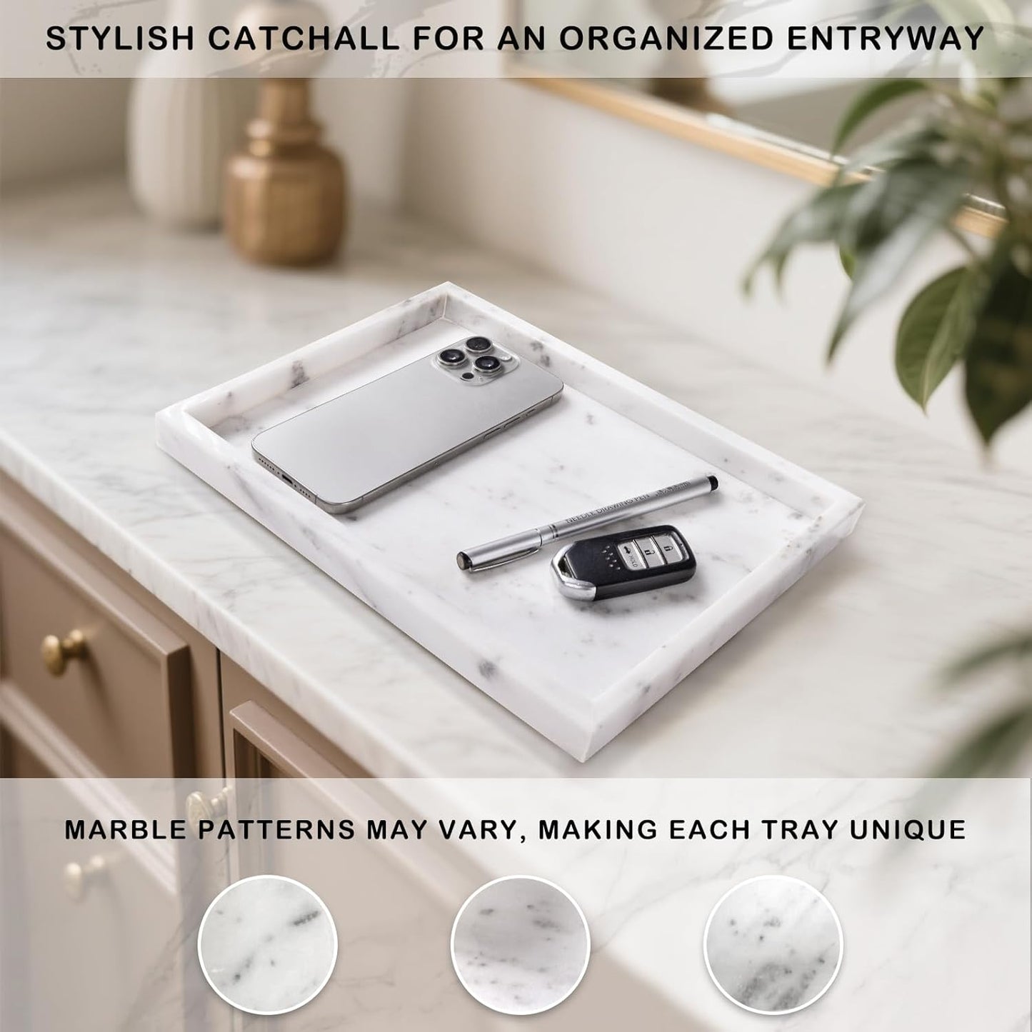 Marble Bathroom Tray for Countertop & Home Decor, Natural Decorative Marble Tray for Jewelry & Perfume Organizer, Luxury Stone Vanity Trays for Dresser, Kitchen Counter, 12" x 8", Starry White