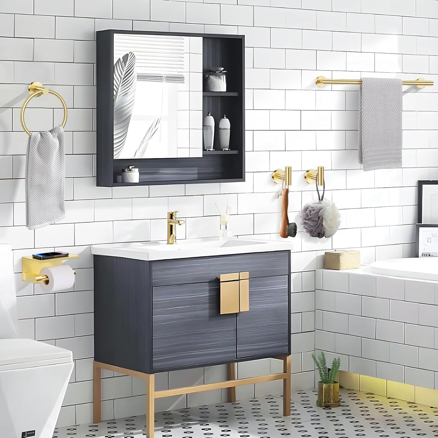 5-Piece Towel Bar Set Brushed Gold Bathroom Hardware Accessories Set Upgraded Toilet Paper Holder with Shelf Towel Holder Set for Bathroom Stainless Steel Wall Mounted