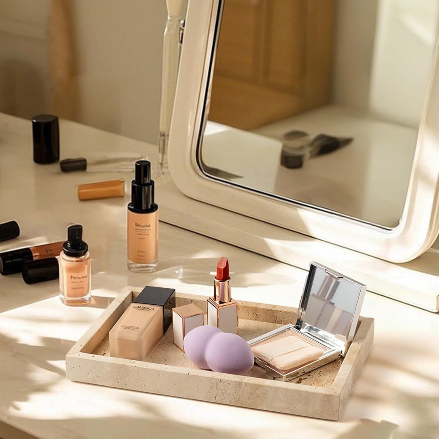 WORHE Italy Travertine Stone Vanity Tray for Jewelry, Perfume, Makeup, Candle,Natural Marble Decorative Trays for Bathroom Dresser Rectangle Kitchen Storage Organizer for Home Decor Beige (WH020)