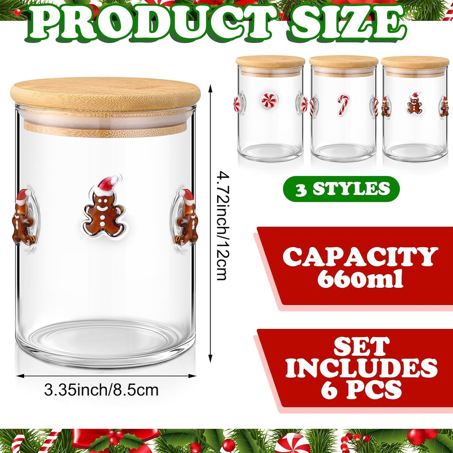 3 Pcs Christmas Icon Glass Storage Jars with Airtight Bamboo Lid Red White Cane Candy Gingerbread Man Christmas Icon Glass Jars Canister Set for Winter Xmas Home Kitchen Countertop