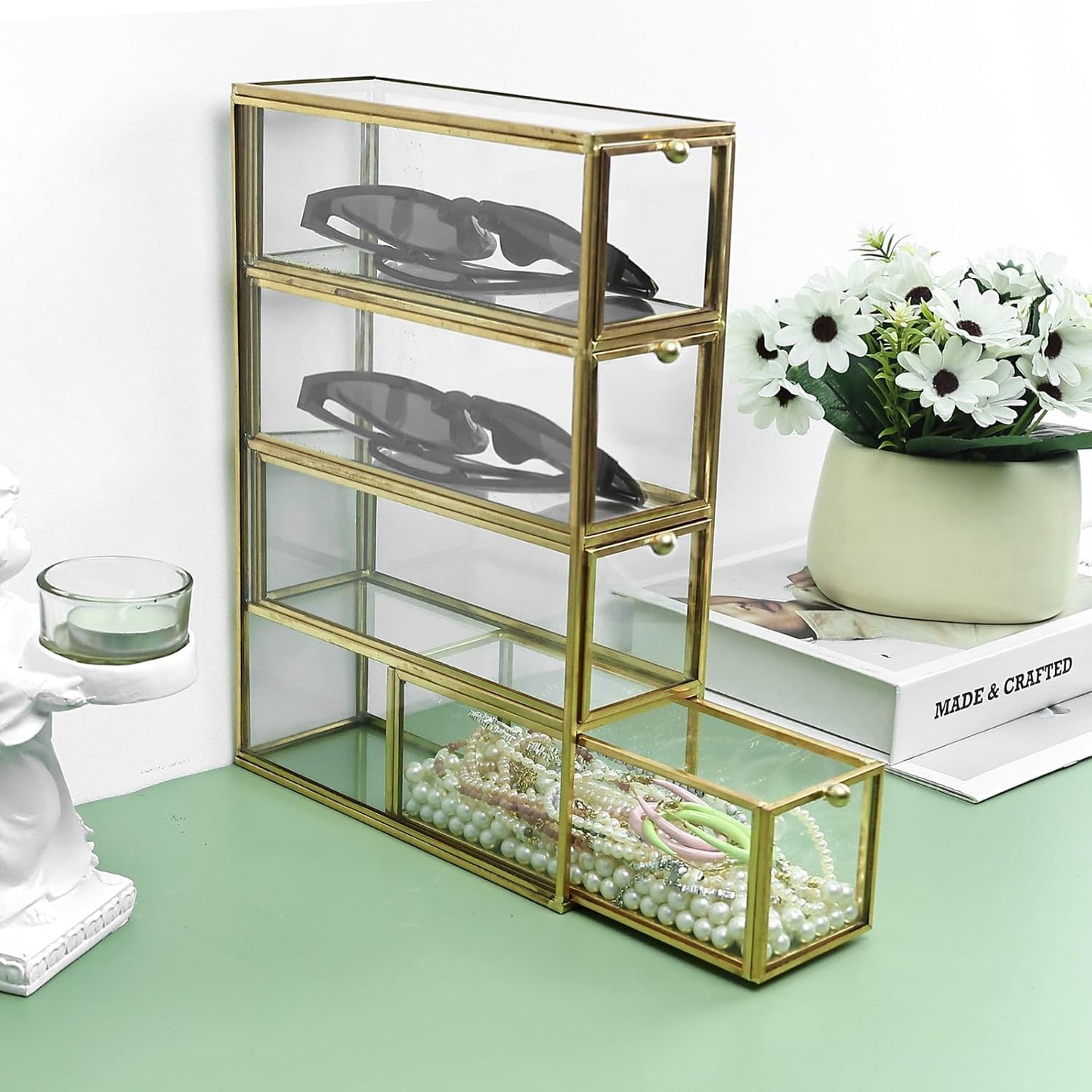 HighFree Gold Glass Coffee Pod Organizer with 4 Drawers, Clear Storage Glass Box for K-Cups, Tea Bags, Sugar Packets, Counter Top Collection Display Holder for Home, Office