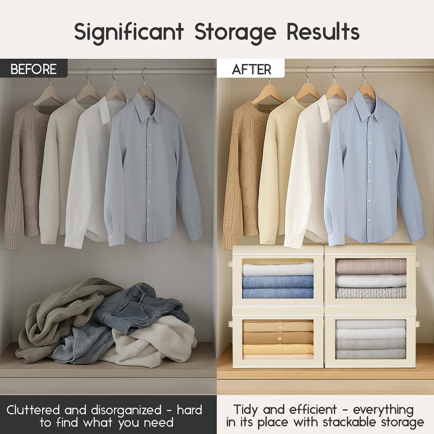 Collapsible Storage Bins with Lids - Stackable Storage Containers with Window, 6 Pack Fabric Organizing Bins for Closet, Home & Office Organization Baskets, Beige, 14.9" x 9.8" x 9.8"