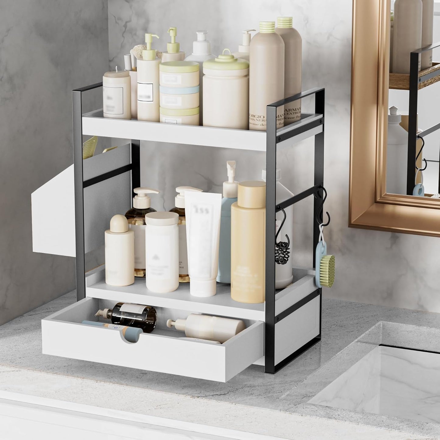 2-Tier Bathroom Counter Organizer with Drawer and Basket, Wood Countertop Organizer for Storage, Skincare Organizers for Vanity, Counter Shelf for Bathroom Organization,White