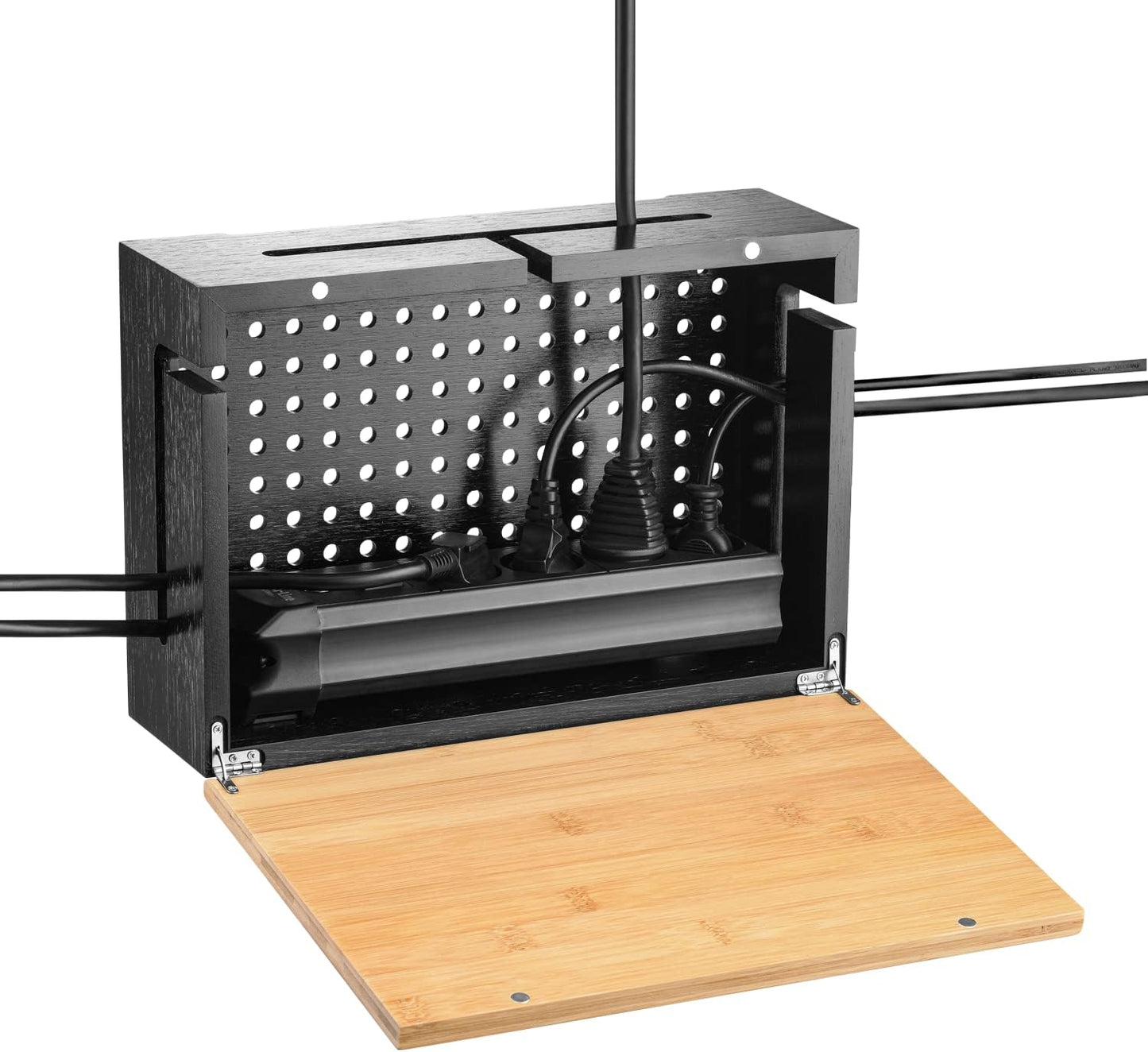 Bamboo Cable Management Box with Magnetic Lid & Ties - Elegant, Durable Cable Organizer to Hide Cords & Power Strip - Wall Mountable Box Hider for Home, Office, Desk & More (Black)