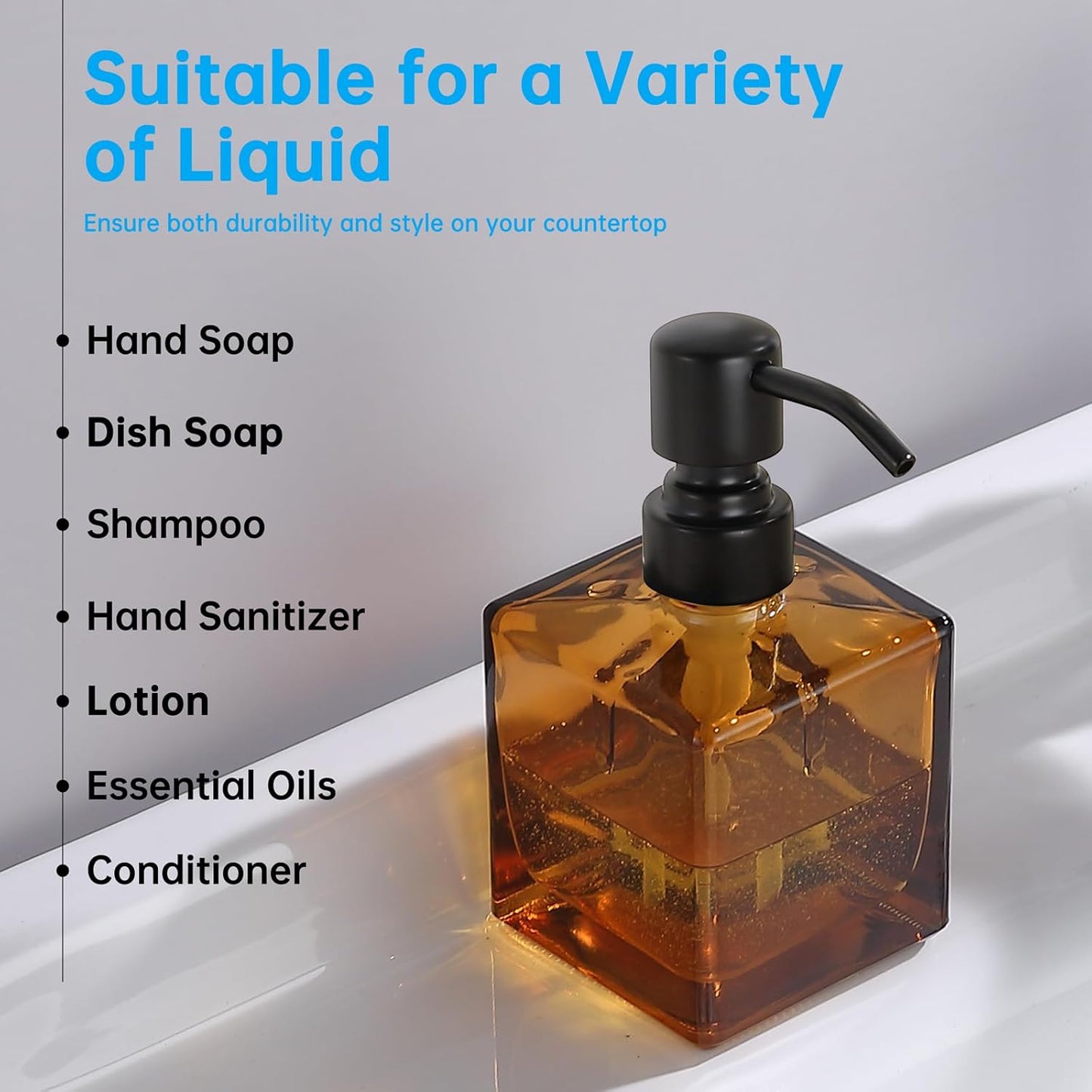 Square Bathroom Soap Dispenser Amber Bottle with Black Pump, Retangle Cube 8.4 oz Glass Bottles with Stainless Steel Pump Hand Liquid Soap Dispenser Kitchen