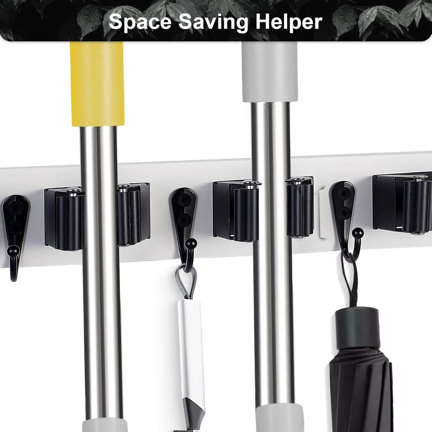 2 Pack Broom Holder Wall Mount With 5 Slots & 4 Hooks,Rustic Wood Broom & Mop Hanger,Wall Mounted Garden & Garage Tool Storage Organizer Rack for Closet Laundry Room or Kitchen Wall Decor White