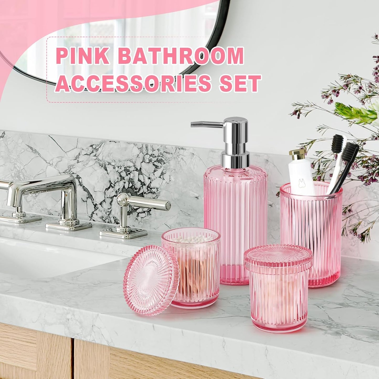 Pink Bathroom Accessories Set, 4 Pcs Glass Bathroom Accessory Set, Pink Soap Dispenser and Toothbrush Holder Set, Qtip Holder Set, Vintage Bathroom Sink Set, Cute Bathroom Decor