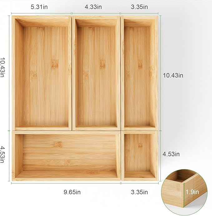 Bamboo Drawer Organizer Set, 5 PCS Wooden Storage Trays for Kitchen, Bathroom, Office, Makeup