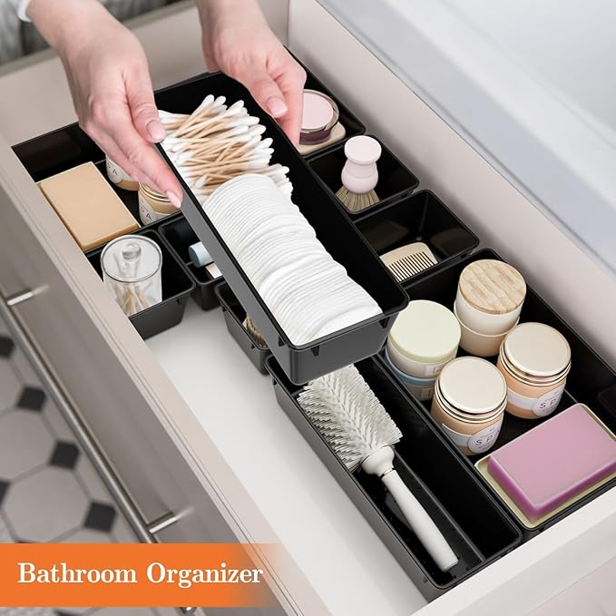 25 PCS Plastic Drawer Organizer Set, 4-Size Versatile Organizer Trays & storage Bins for Makeup, Jewelry, and Gadgets in Bathroom, Bedroom and Office, Black