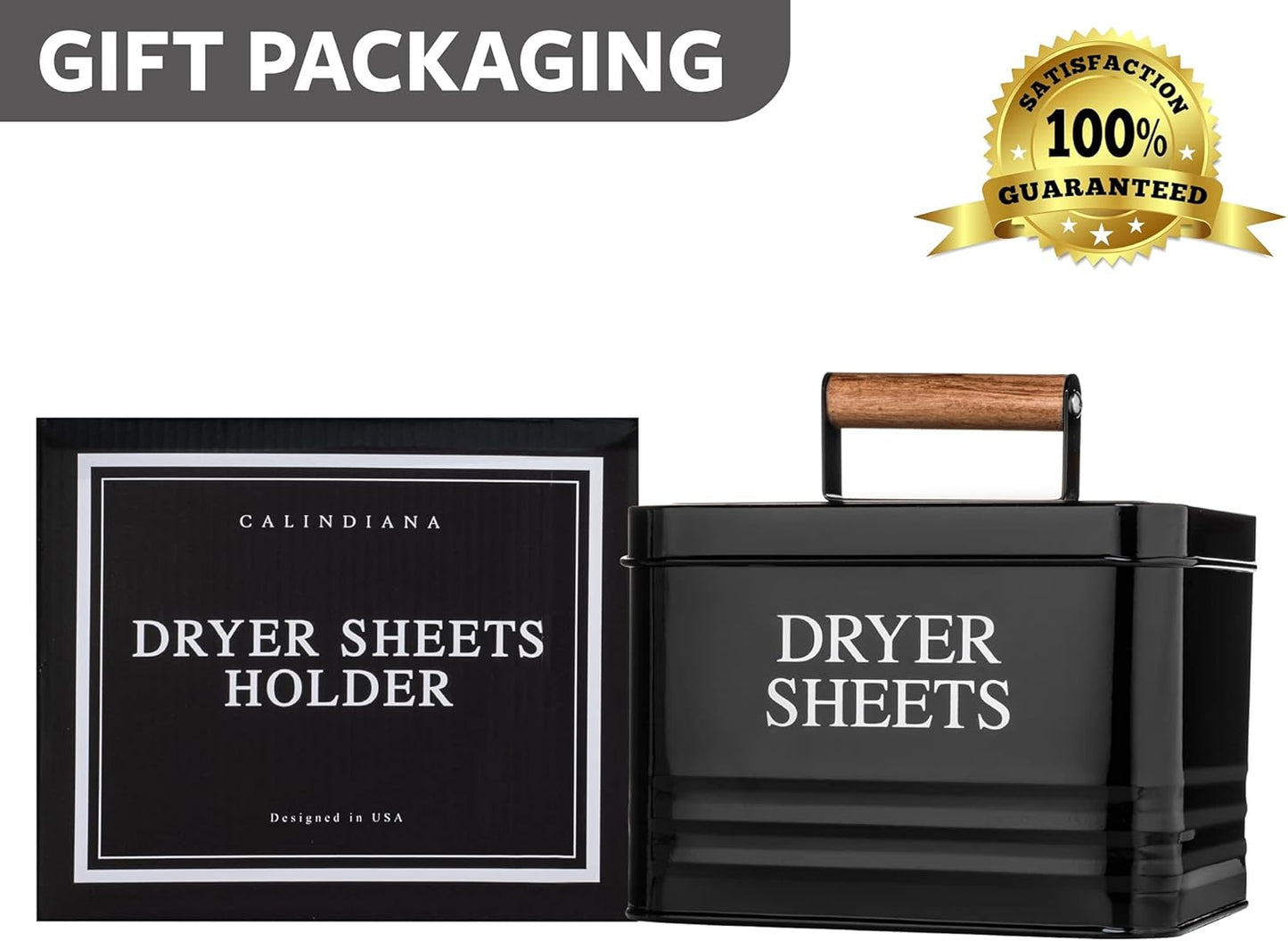 Calindiana Modern Farmhouse Metal Laundry Dryer Sheets Holder Fabric Softener Dispenser with Lid for Laundry Room Decor and Accessories and Space Saving Laundry Organization and Storage, Glossy Black