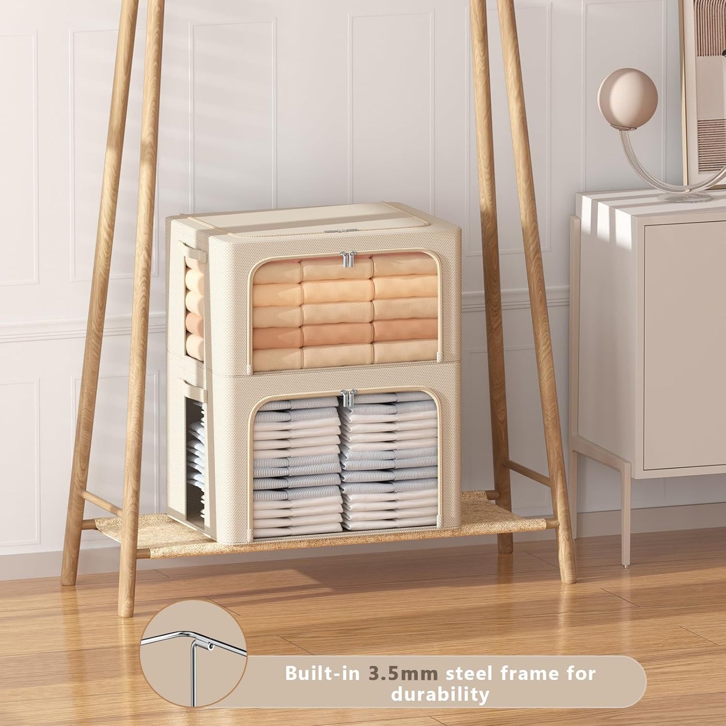 3Pack Frame Storage Box - Clothes Storage Bin Bags Oxford Fabric Foldable Stackable Container Organizer Set with Clear Window & Carry Handles (Beige, X-Small-36L)