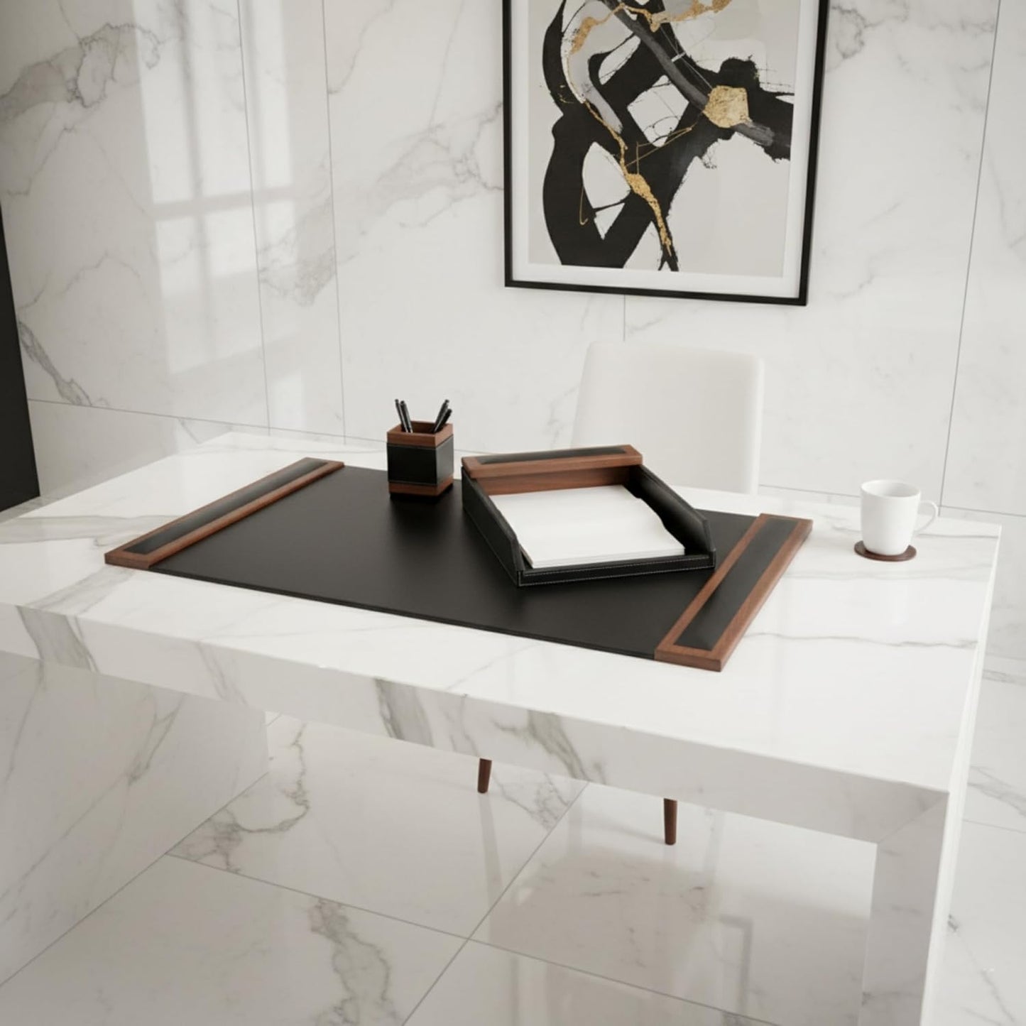 Dacasso Walnut and Leather Desk Set, 3-Piece