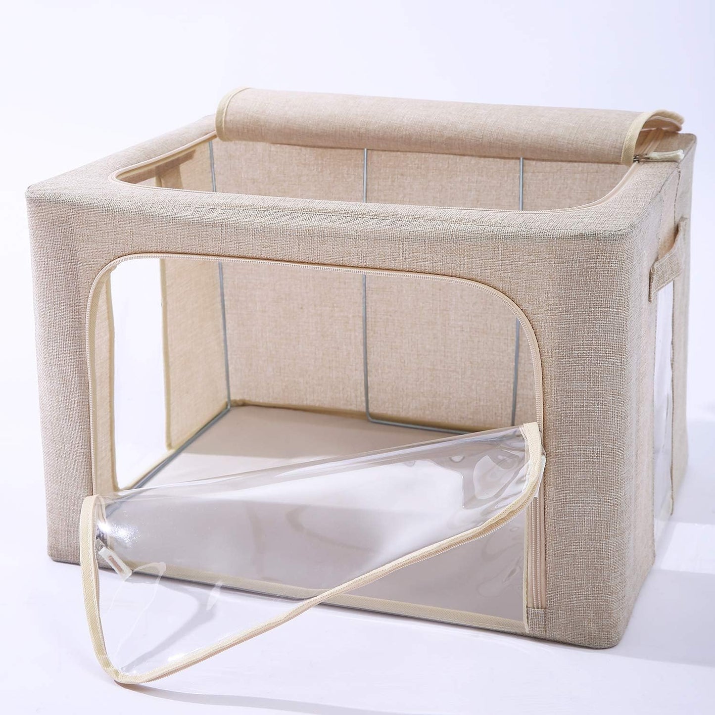 3Pack Foldable Storage Bins - Frame Storage Box Linen Fabric Stackable Clothes Container Organizer with Clear Window & Carry Handles Large Capacity (Large-66L, Beige)