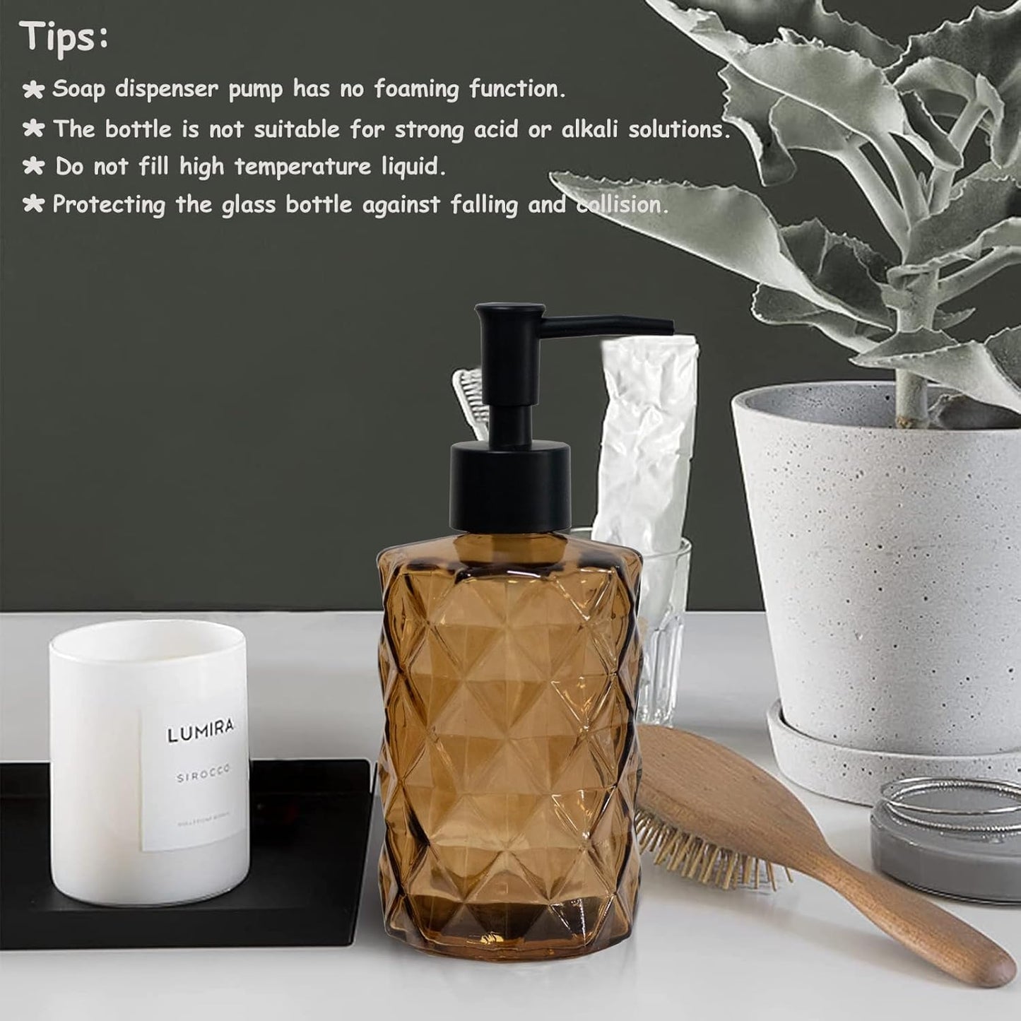 Brown Glass Soap Dispenser with Black Plastic Pump, 12oz Refillable Liquid Hand Soap Dispenser, 2 Pack Crystal Lotion Bottle for Modern Home Decor, Bathroom, Kitchen Countertop, Hotel