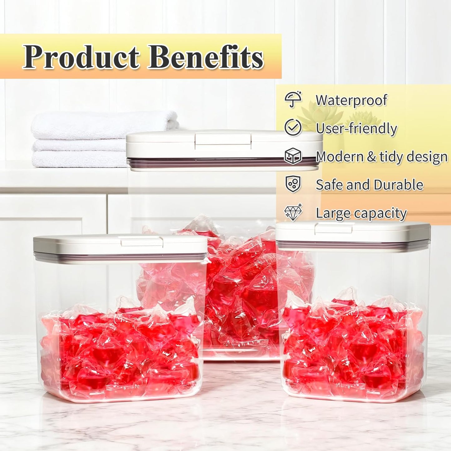 Gute Sealed Auto Pop-Up Laundry Pod Holder with Lid, 3-Piece Laundry & Dishwasher Pod Container Set for Laundry Room Organization (67oz, 94oz, 186oz Capacity)