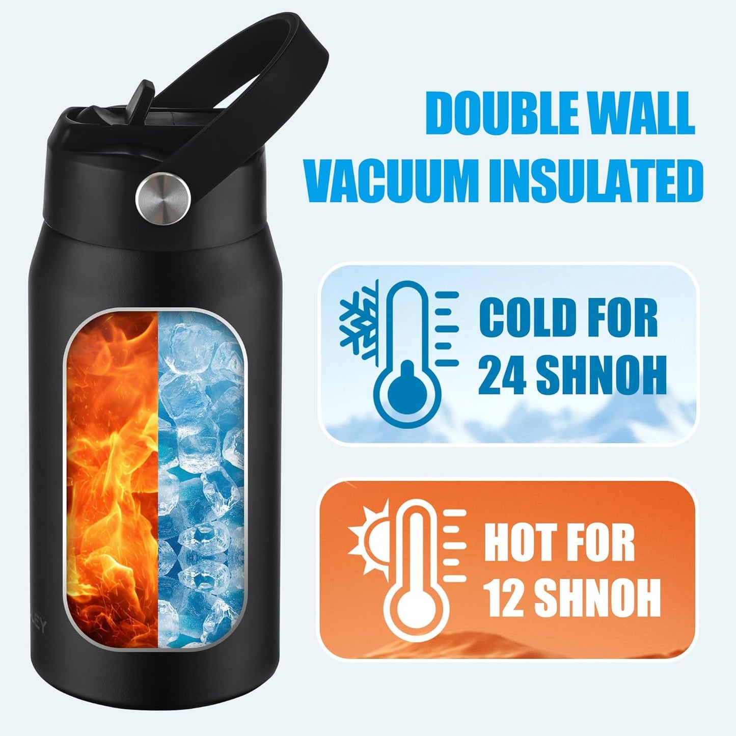 OLDLEY kids Water Bottle - 18oz Insulated Stainless Steel - Wide Straw Lid, Non Spill, Leakproof, Kids Water Bottle for School,Black