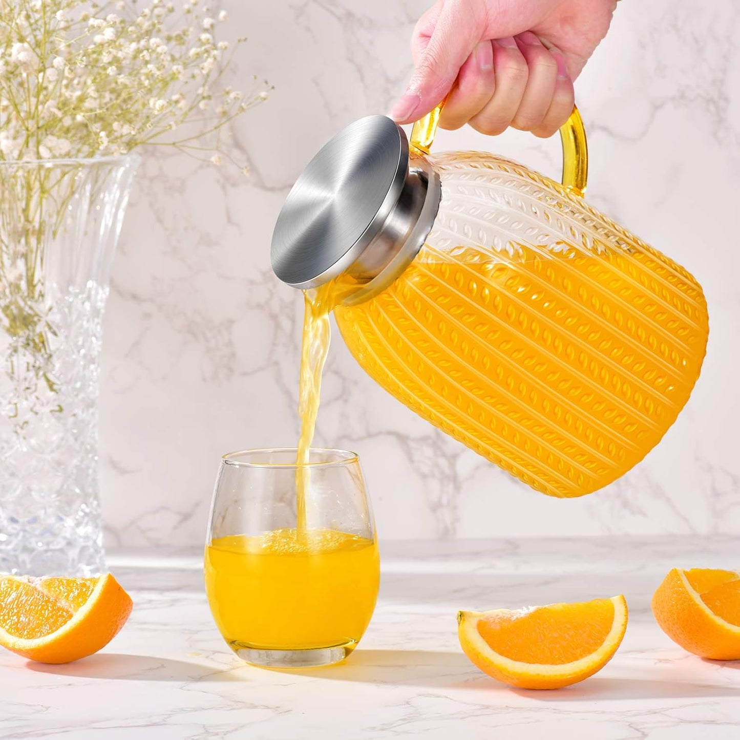 Aofmee 60oz Glass Pitcher, Water Pitcher with Lid, Iced Juice Jugs for Fridge, Glass Carafe for Cold or Hot Beverages, Sun Tea Jar, Easy Clean Heat Resistant Jug for Milk