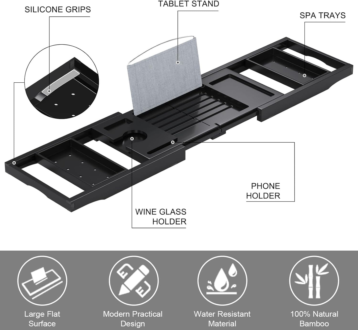 Bathtub Tray Caddy, Expandable Bath Trays for Tub, Bamboo Shelf & Table with Wine Glass Holder,Bathroom Accessories for New Home & Mothers Day & Birthday Gifts for Mom,Black