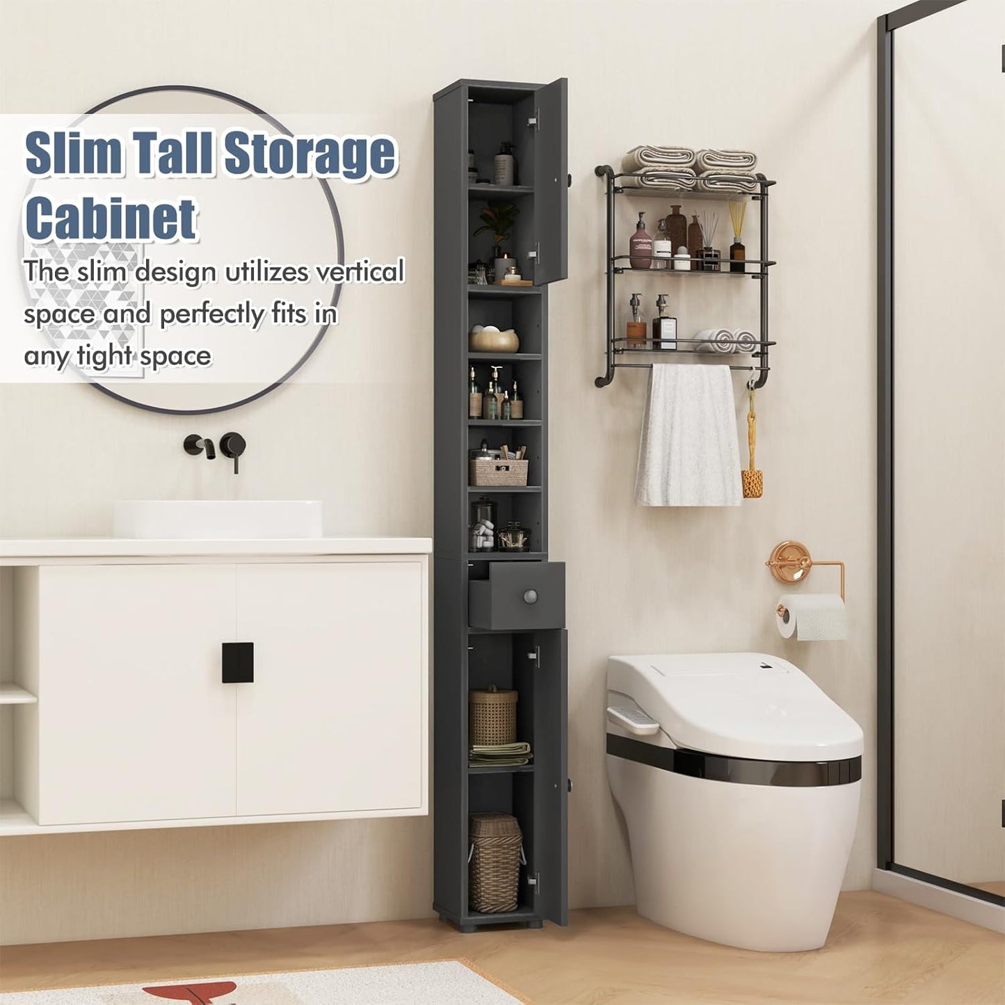 71" Tall Narrow Bathroom Storage Cabinet, Modern Skinny Toilet Paper Storage Organizer w/1 Drawer, 2 Doors & 5 Adjustable Shelves, Slim Tower Floor Cabinets for Small Spaces