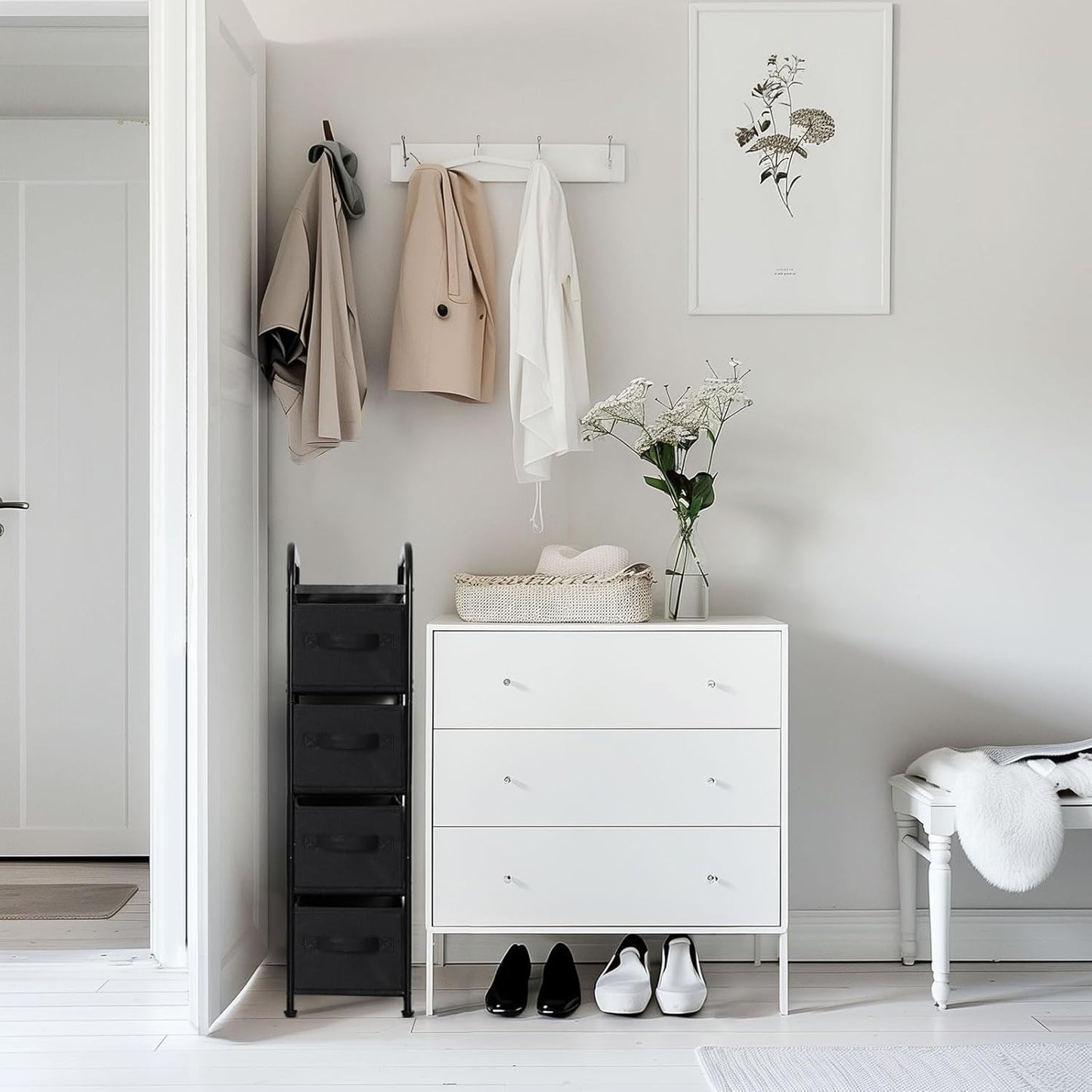 MAX Houser 4 Drawer Narrow Dresser Fabric Storage Tower Vertical Slim Storage Chest Organizer Nightstand Side/End Table Small Standing Organizer Removable Drawers Wood Top for Bedroom, Bathroom(Black)