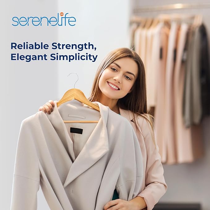 SereneLife Solid Wooden Hangers, Mega Pack, 60 Pieces Hangers for Clothes, Heavy Duty Suit Hanger Set with Chrome 360 Degree Swivel Hook, Notched Design, Natural Wood Color