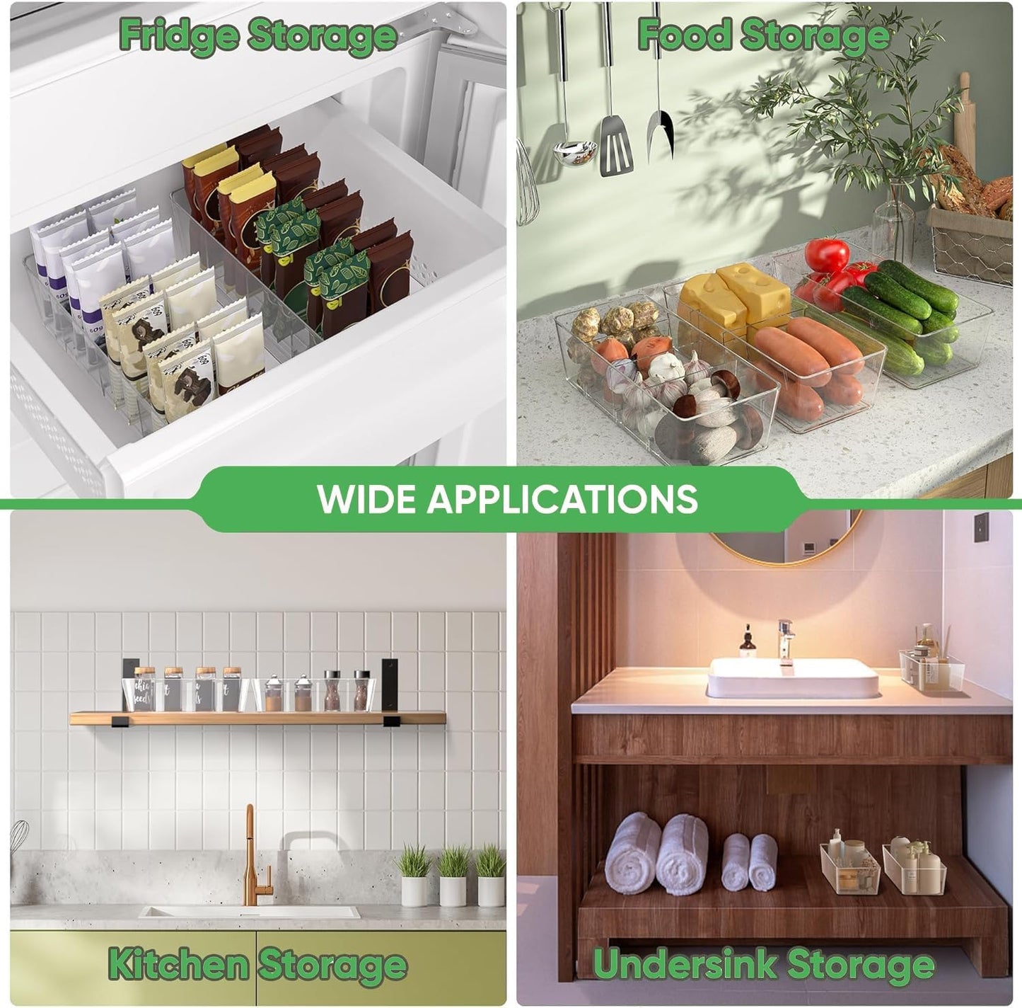 Pantry Organizers and Storage,Kitchen Organizers and Storage for Fridge,Drawer and Refrigerator - Spice Organization for Cabinet,Clear Plastic Stackable Organizer Bins with 3 Dividers (7 Pcs)