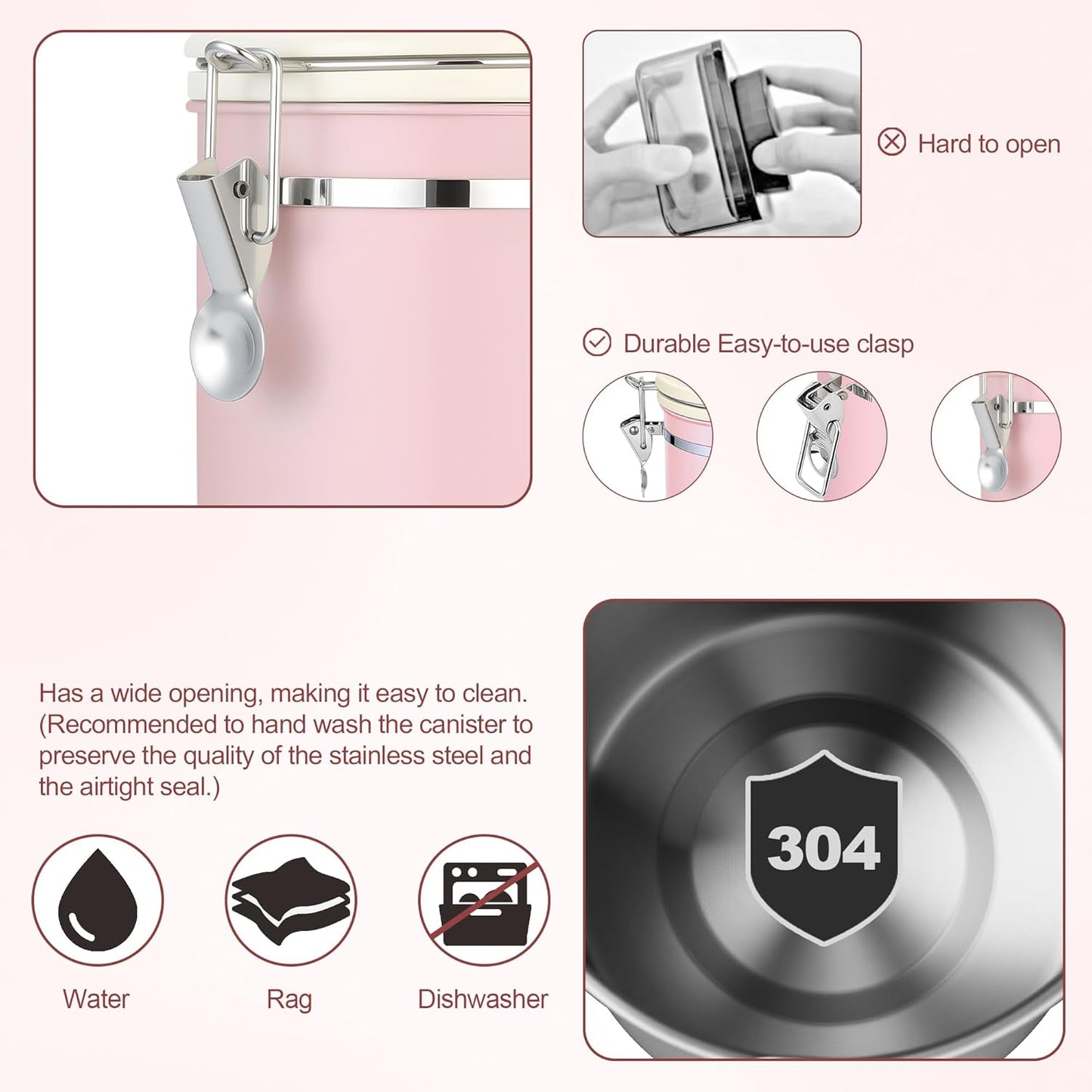 ShanSon Coffee Canister Airtight Coffee Container Stainless Steel Coffee Bean Storage Container with Scoop Coffee Canister for Beans Grounds Sugar Flour Tea Cereal,11OZ, Pink