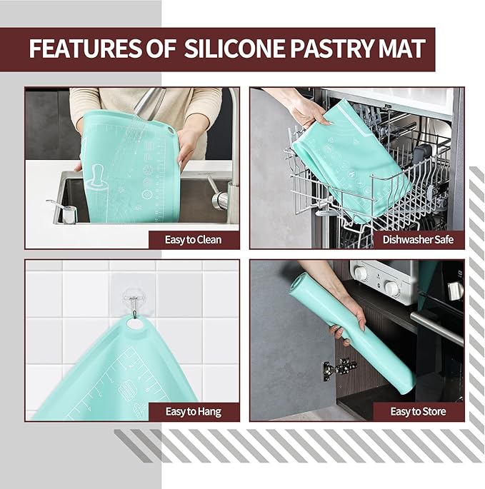 Silicone Baking Mat 20"L x 28"W, Extra Thick Dough Rolling Pad with Measurements and Edge Heightening, Non-stick Food Grade Silicone Pastry Mat for Pastry, Bread, Cookies