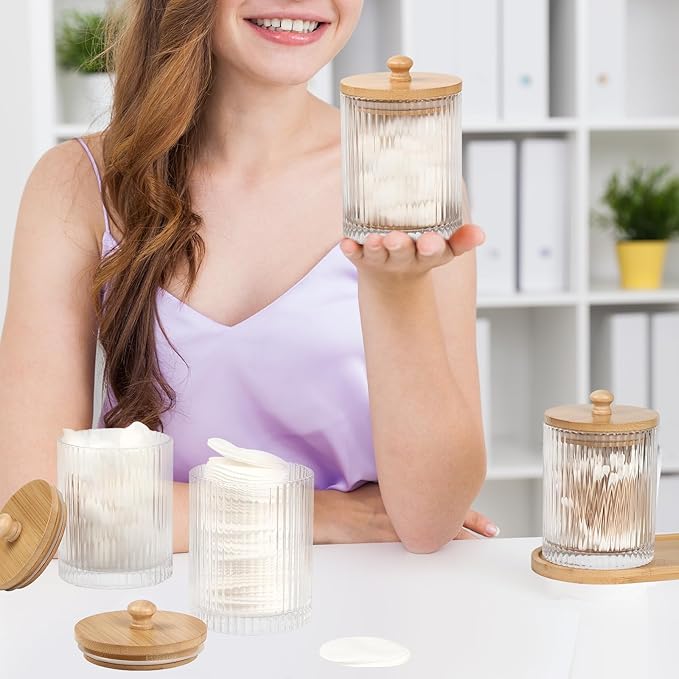 3 Pack Qtip Holder - Bathroom Organizers and Storage, Cotton Round Holder Floss Pick Cotton Ball Holder Swab Dispenser Set with Tray, Glass Apothecary Jars with Lids, -sw clear y