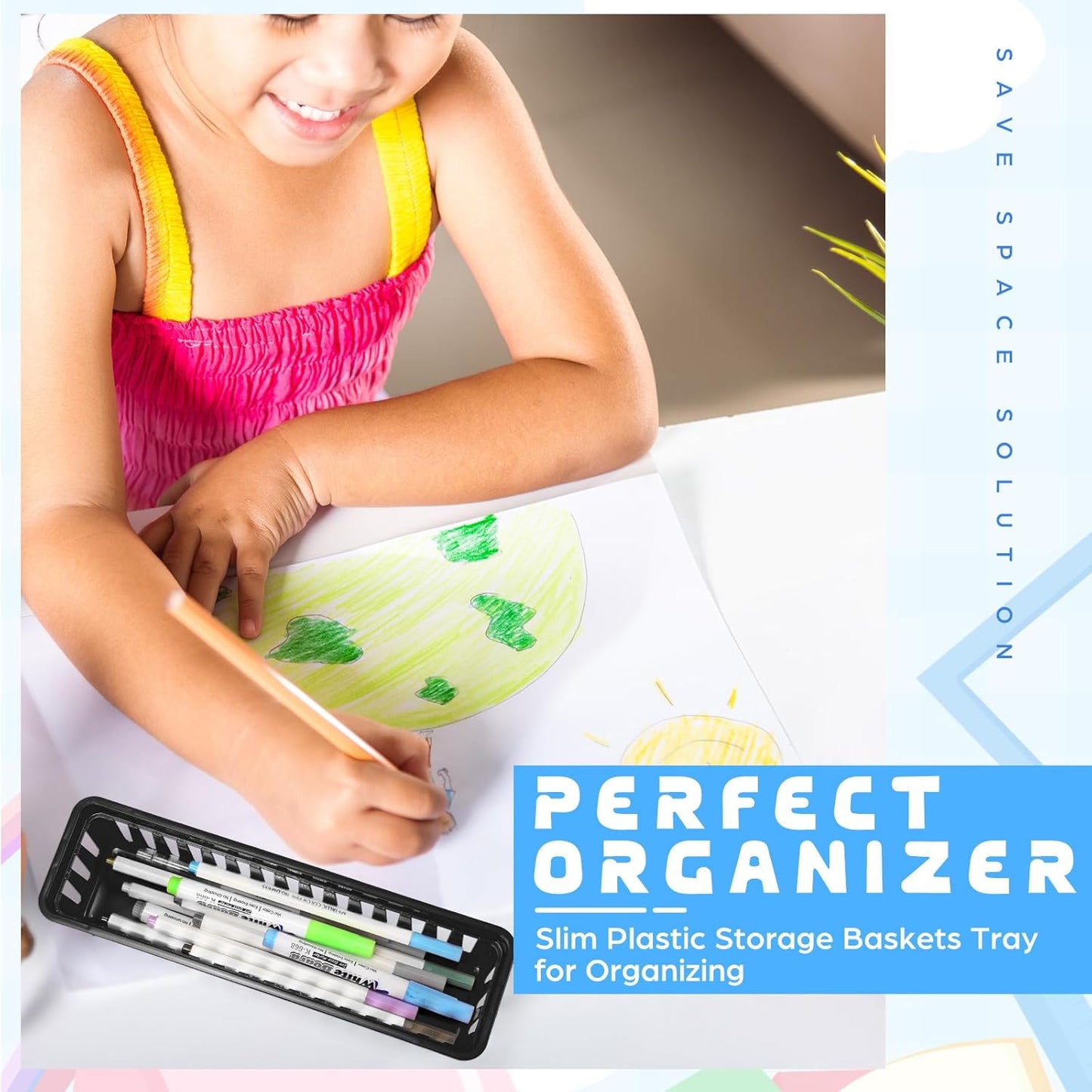 6 Pcs Black Slim Plastic Storage Baskets Tray 10 x 3 x 2.5 Inch Compact Stackable Desk Organizer for Office, Classroom, School Supplies, and Home Storage, Organization(Black)