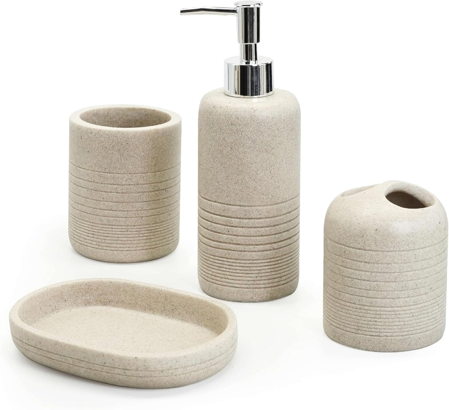 4-Piece Bathroom Accessory Set - Modern Resin & Sandstone Collection - Includes Soap Dispenser, Toothbrush Holder, Tumbler, Soap Dish (Beige)