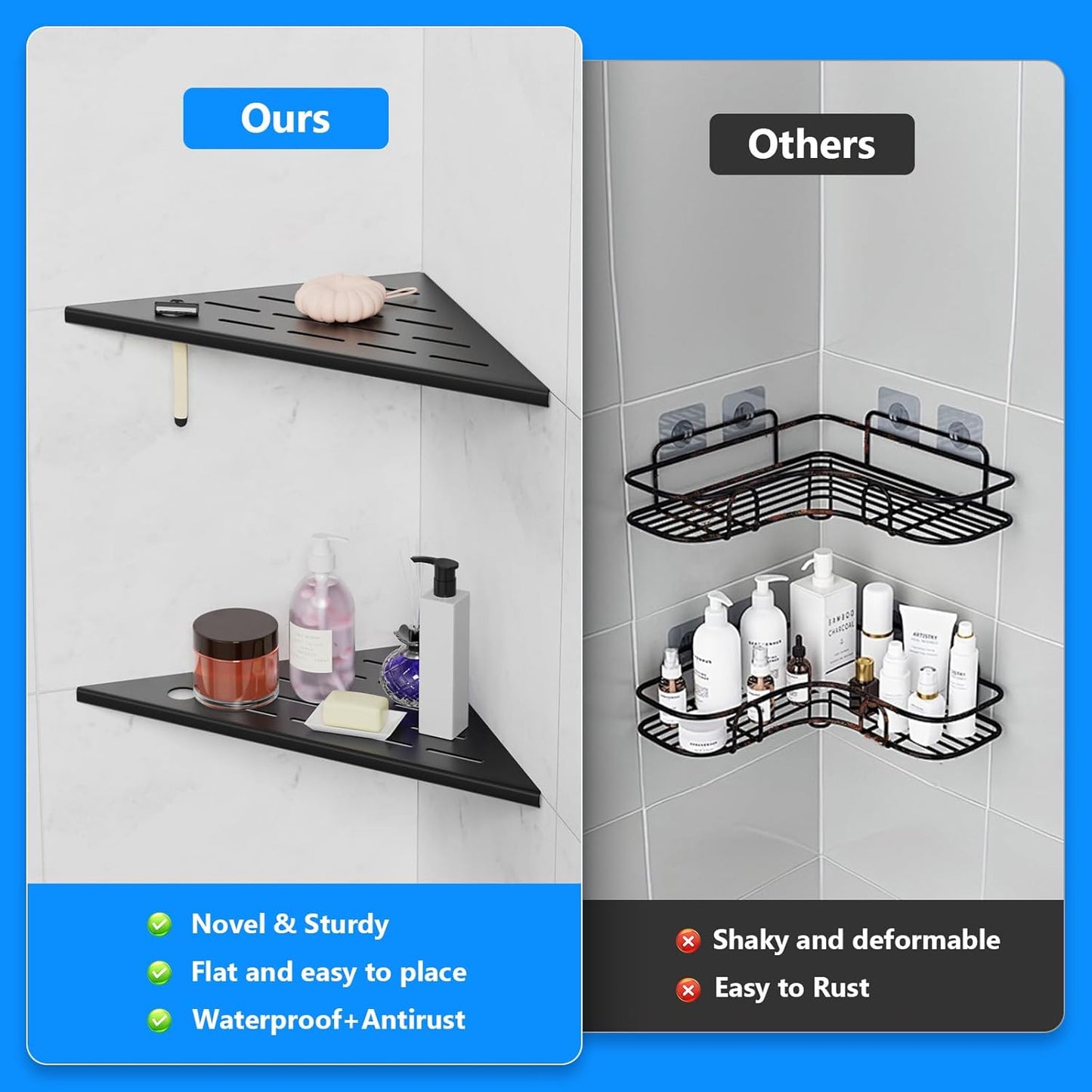 10" Corner Shower Shelves, 2-Pack Matte Black 304 Stainless Steel Shower Shelf with Razor Hole, Rustproof Shower Shelf for Inside Shower, Modern Shelves for Tile Walls, Bathroom Organizer (Black)