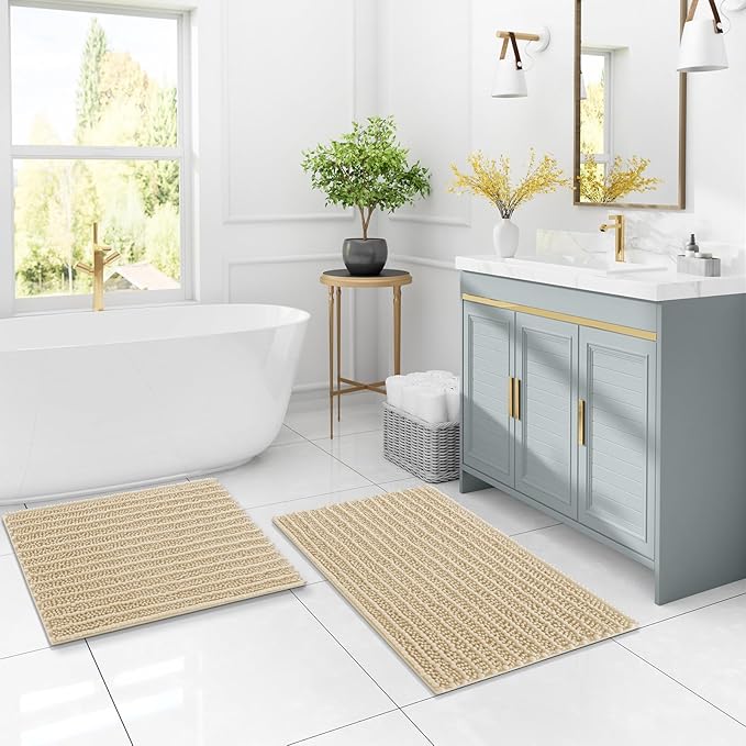 Arotive Luxury Chenille Bathroom Rug Mat, Extra Soft Thick Absorbent Shaggy Bath Rugs, Non-Slip Machine Wash Dry, Plush Bath Mats for Bathroom, Shower and Tub, 24x16, Cream Beige