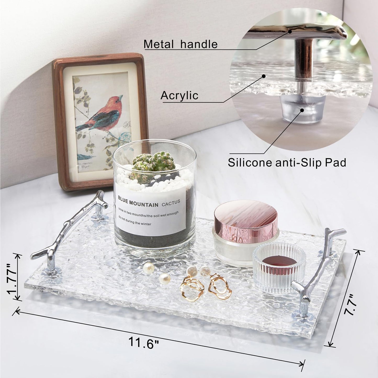Acrylic Perfume Trays,Bathroom Vanity Trays, Cosmetic Table Jewelry Skin Care Cosmetics Tray, Napkin Tray, Metal Handle, Non-Slip Silicone, Clear.
