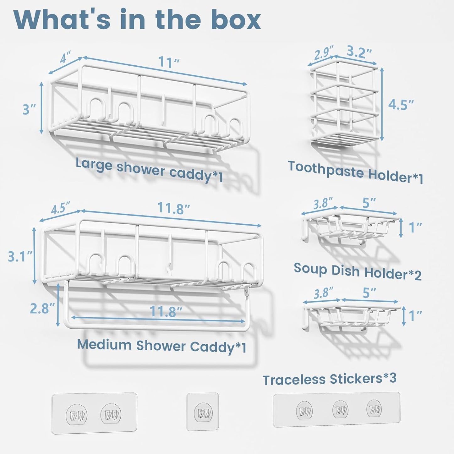 5-Pack Shower Caddy, Adhesive Shower Organizer, No-Drill Space Saving Shower Shelf with Soap Dish, Rustproof Shower Shampoo Holder for Kitchen & Bathroom Storage & Home Decor (White)