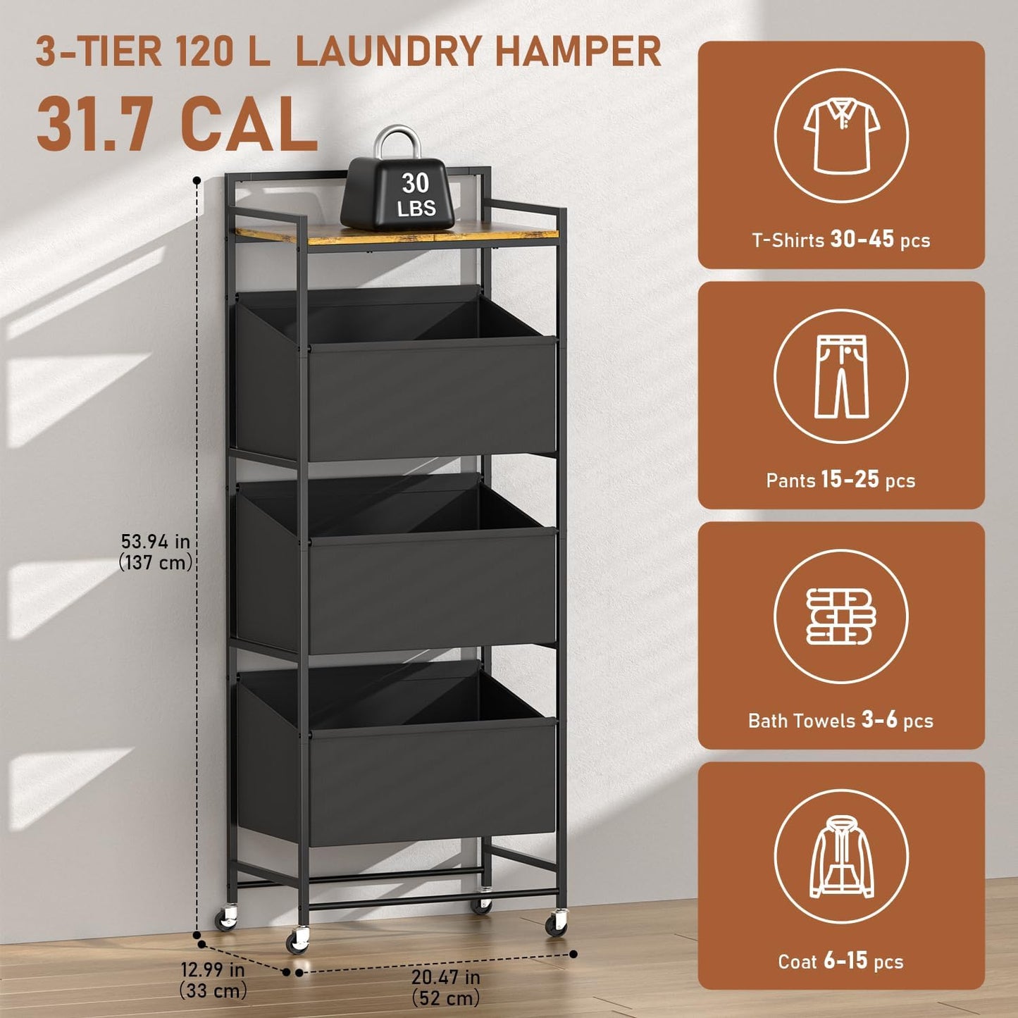 3-Tier Laundry Hamper Sorter with Wheels, 120L Vertical Rolling Laundry Basket Organizer Cart, 3 Section Laundry Sorter with Shelf for Small Space, Laundry Room, Bathroom, Bedroom, Dorm, Closet