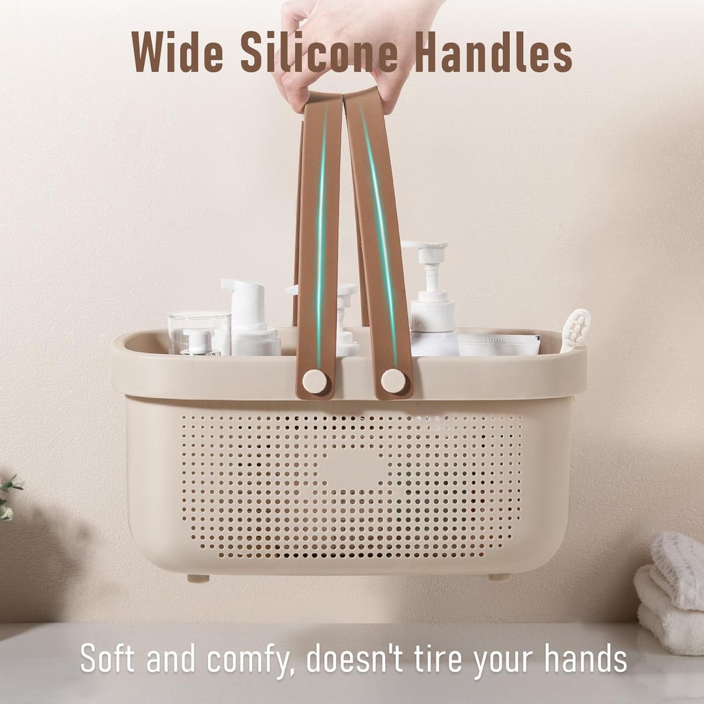 JiatuA Plastic Storage Basket with Handle Portable Shower Caddy Tote Organizer Basket Bin for Bathroom Kitchen Dorm Room Bedroom, Beige