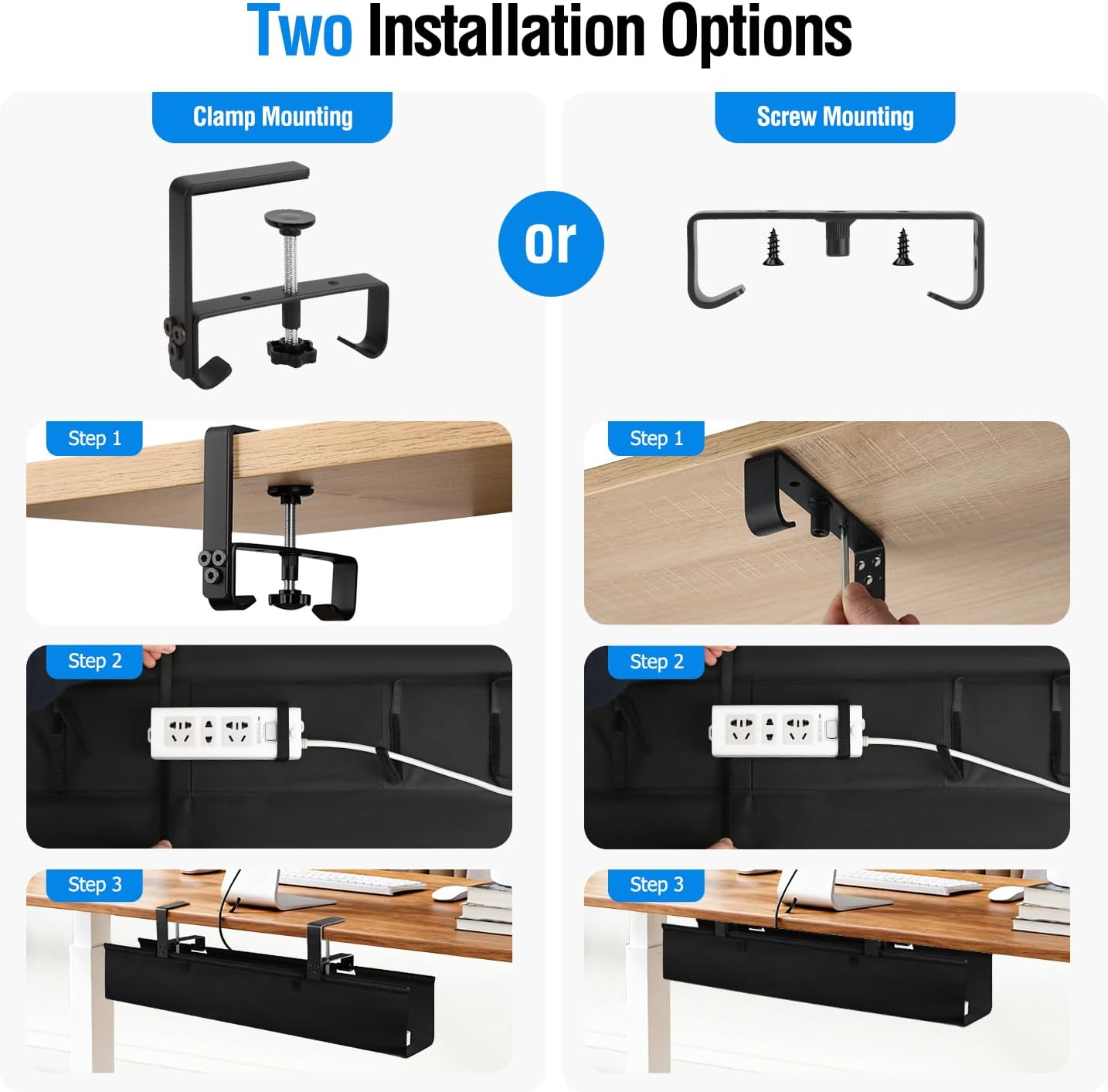 Under Desk Cable Management Tray - Heavy Duty No-Drill Clamp & Screw Mount, 36-Inch Cord Organizer for Home Office, Gaming Setup & Study Room, Holds Power Strip & Large Adapters