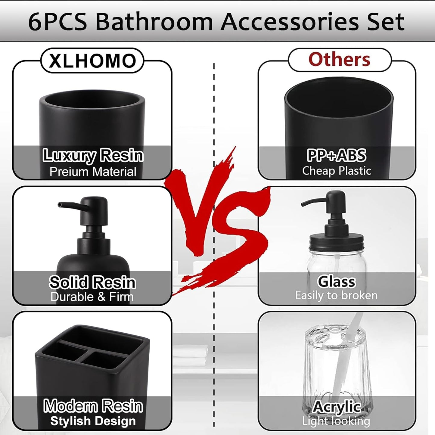 Resin 6 Pcs Black Bathroom Set Complete with Toothbrush Holder, Lotion Soap Dispenser, 2 Qtip Holder Dispensers,Vanity Tray,Bathroom Tumbler - Countertop Vanity Organizer - Bathroom Accessories Set