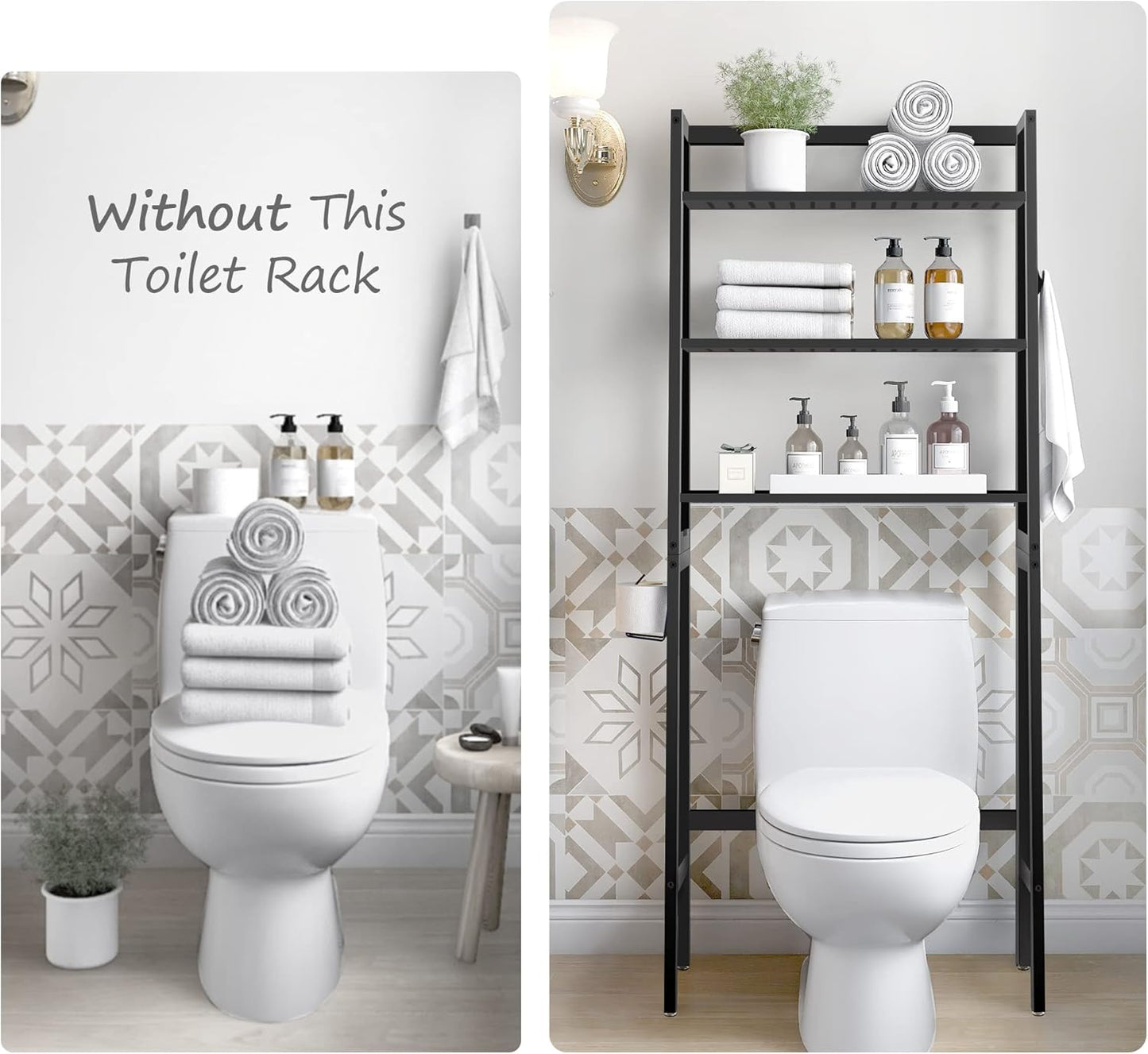 MallKing Over The Toilet Storage, Wooden 3-Tier Over-The-Toilet Rack Bathroom Space Saver Organizer, Freestanding Above Toilet with Toilet Paper Holder and Hooks (Black)