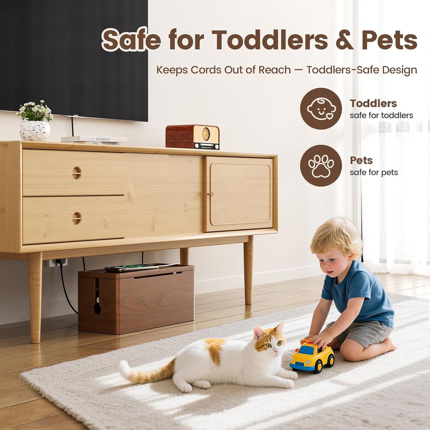 Extra Large Cable Management Box – Brown Double Layer Wooden Cord Organizer with Divider for Desk, TV Stand, Kitchen, and Office (NO Power Strips or Chargers)