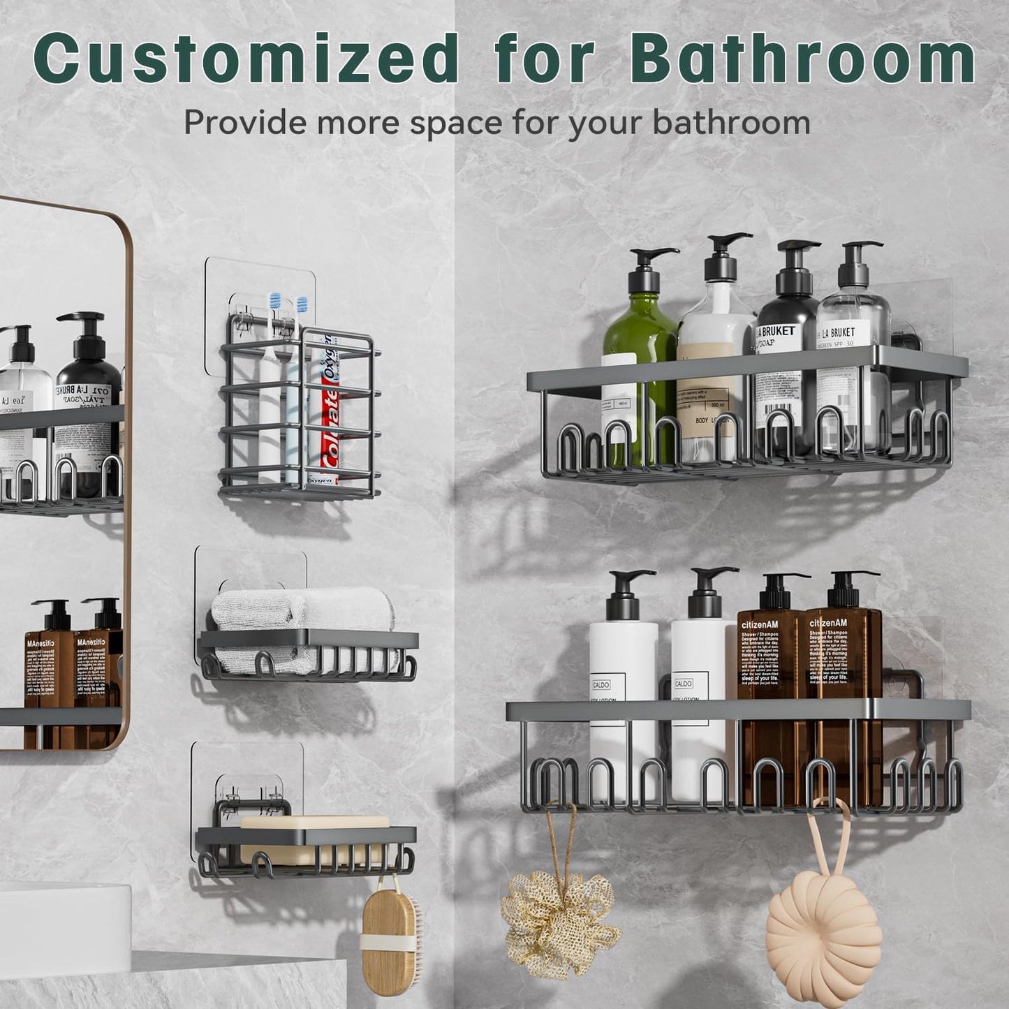 Shower Caddy Organizer Rack Shelf with Soap and Toothbrush Holder,Stainless Steel Organizer for Bathroom Organizers and Storage,No Drilling Wall Mounted Rack Bathroom Caddy Grey,5-Pack