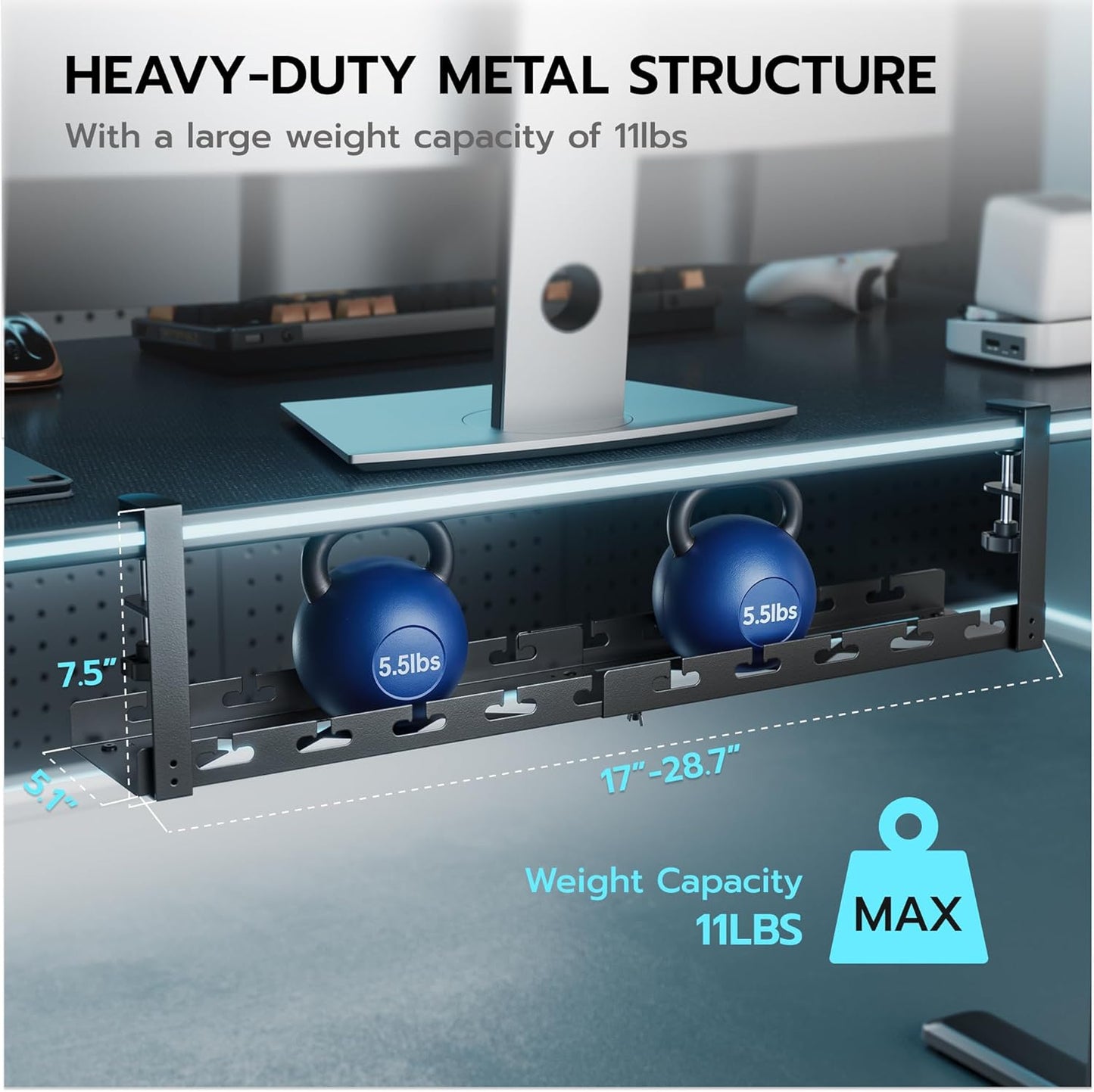 ARES WING 17"-28.7" Extendable Under Desk Cable Management Tray with Cable Slots, Clamp On Cord Organizer Holds Up to 11 lbs, Black Metal Under Desk Storage for Office and Gaming Accessories